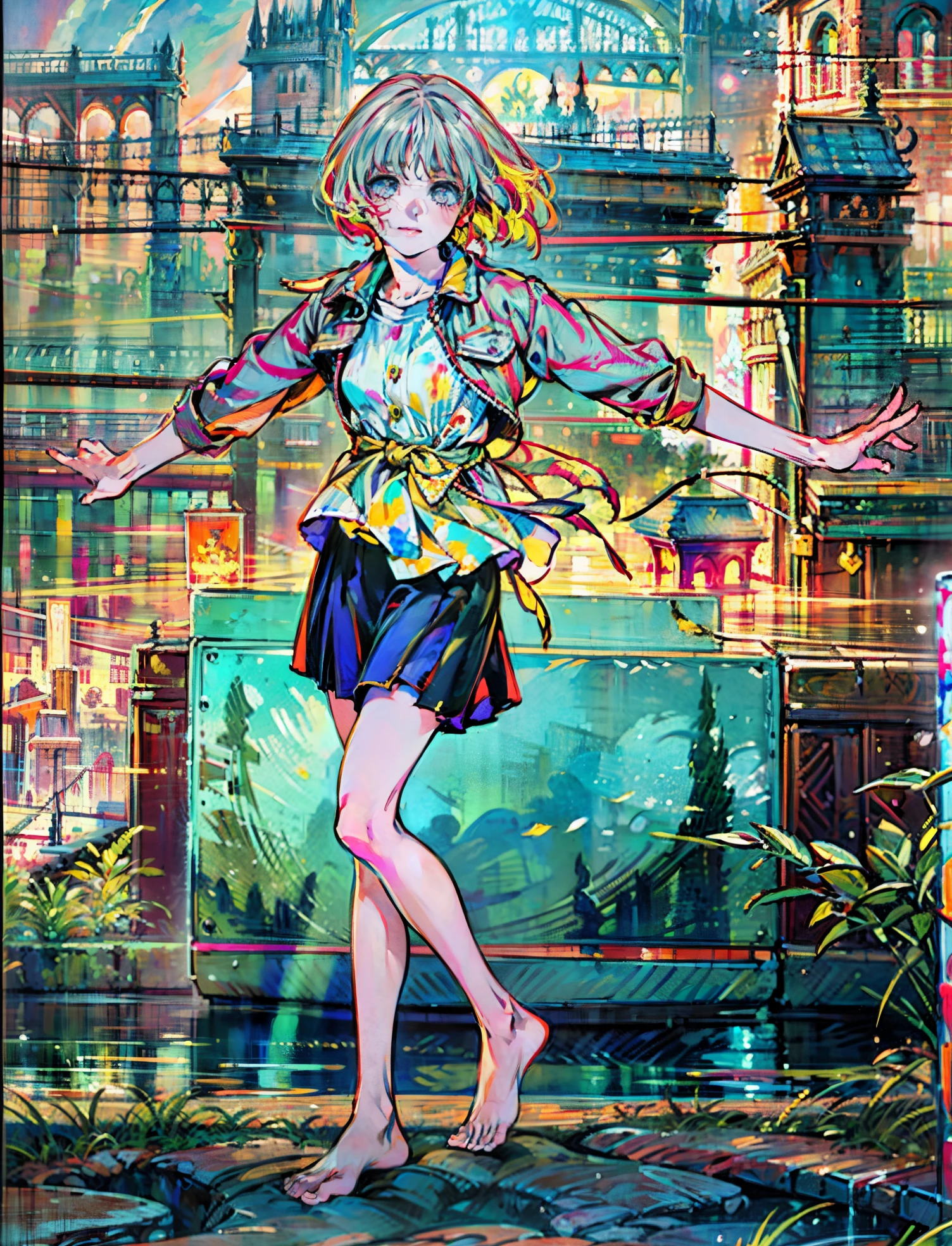 A girl with short gray hair, bright eyes, a cheerful smile, a joyful expression, a slender figure, a two-piece fantasy-realistic style jacket, short skirt that matching the outfit, barefoot, she happily leaps in front of a fantasy-style ancient ritual building, bright and soft color, this character embodies a finely crafted fantasy-realistic style girl in anime style, exquisite and mature manga art style, high definition, best quality, highres, ultra-detailed, ultra-fine painting, extremely delicate, professional, anatomically correct, symmetrical face, extremely detailed eyes and face, high quality eyes, creativity, RAW photo, UHD, 8k, Natural light, cinematic lighting, masterpiece-anatomy-perfect, masterpiece:1.5