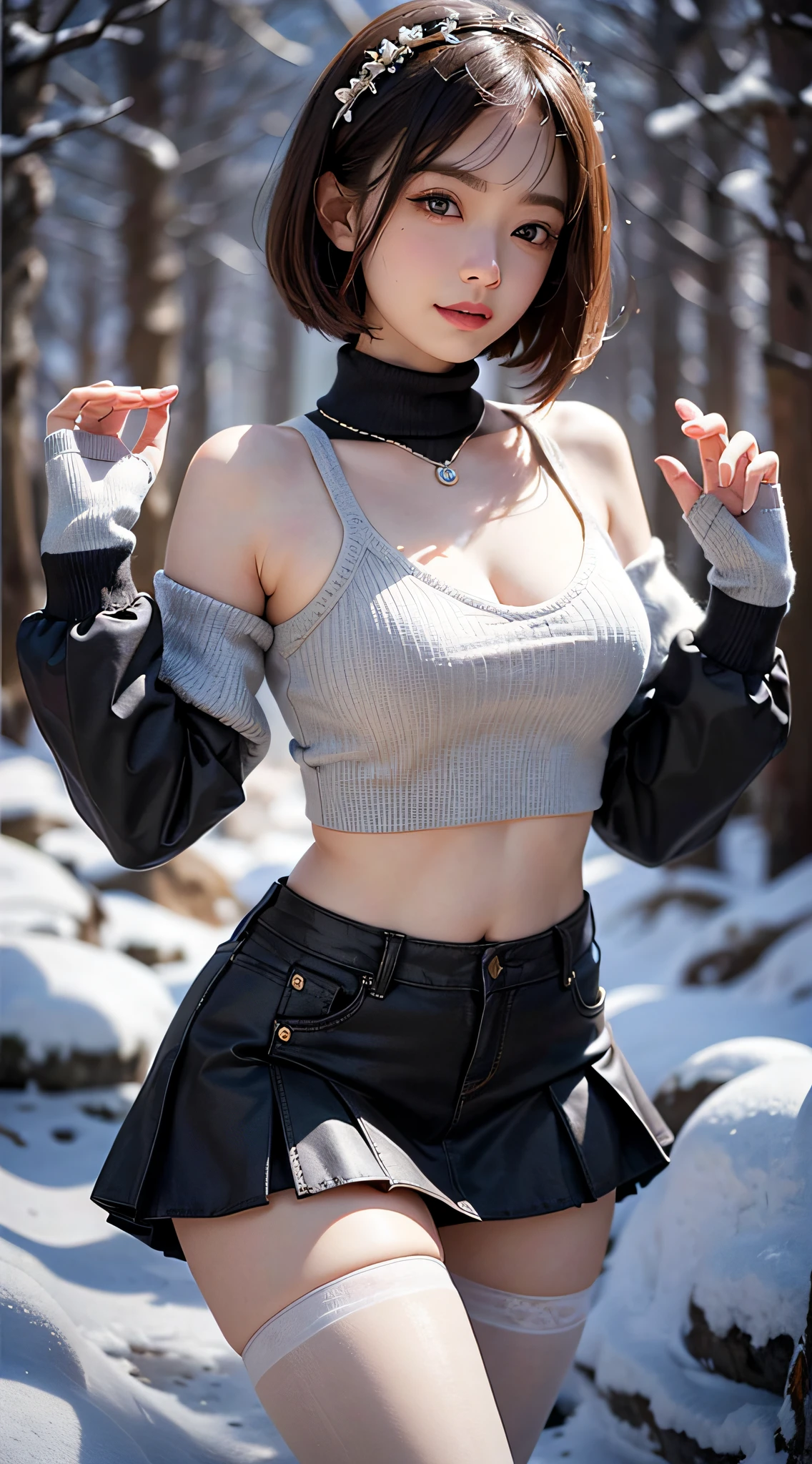 (RAW shooting:1.2)、(Photorealsitic:1.4)、(masterpiece:1.3)、(top-quality:1.4)、(Beautiful woman with perfect body:1.4)、Japan Young Women、(kawaii:1.2)、(FULL BODYSHOT)、(middlebreasts:1.3)、beauty breast、(Slender and beautiful girl)、(Sexy model pose with protruding breasts:1.3)、dream-like、Happy smiling face、(beautifully detailed eyes)、(charming big eyes)、(beautiful double eyelid)、(beautiful and detailed face)、(a short bob:1.3)、cute little、oblique bangs、Look at viewers、(loose white wool sweater、off shoulders、Tight mini skirt、Black thick pantyhose、Snow boots:1.3)、(beautiful thigh)、(snow mountains、snowscape:1.3)、Snow flickers、bokeh dof、