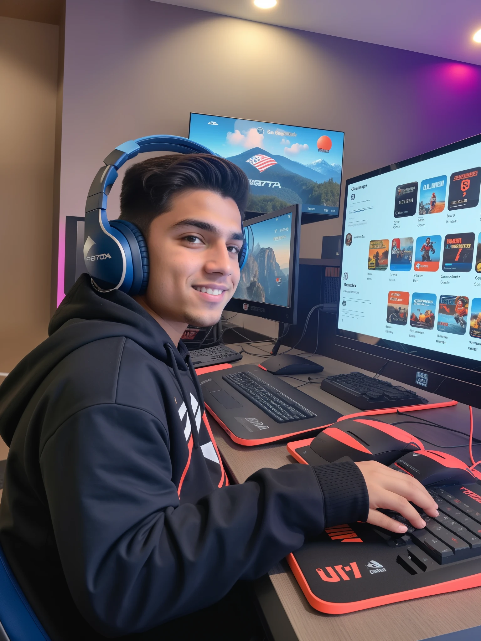there is a boy wearing headphones and a hoodie sitting at a table with a computer, jogos, jogador, foto de perfil 1024px, jogando jogos de computador, Streamer do Twitch / Jogador Ludwig, playing video games, tomada em 2 0 2 0, Riyahd Cassiem, Usando seu PC desktop, Da leitura aos jogos, Tema jogador com os olhos meios grandes