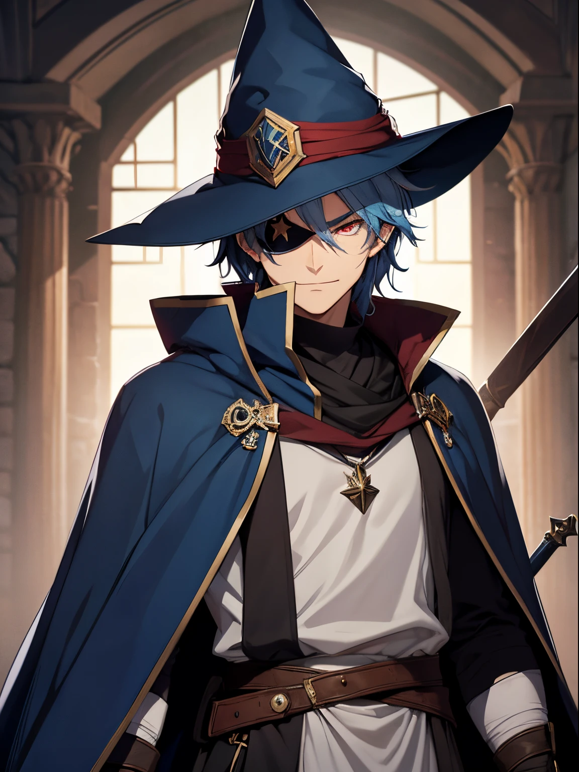 A  age man, dark blue and blond hair, red eyes, eyepatch, wizard's cloak, adventurer's outfit, medieval, fantasy, wizard's hat, powerful, smirk
