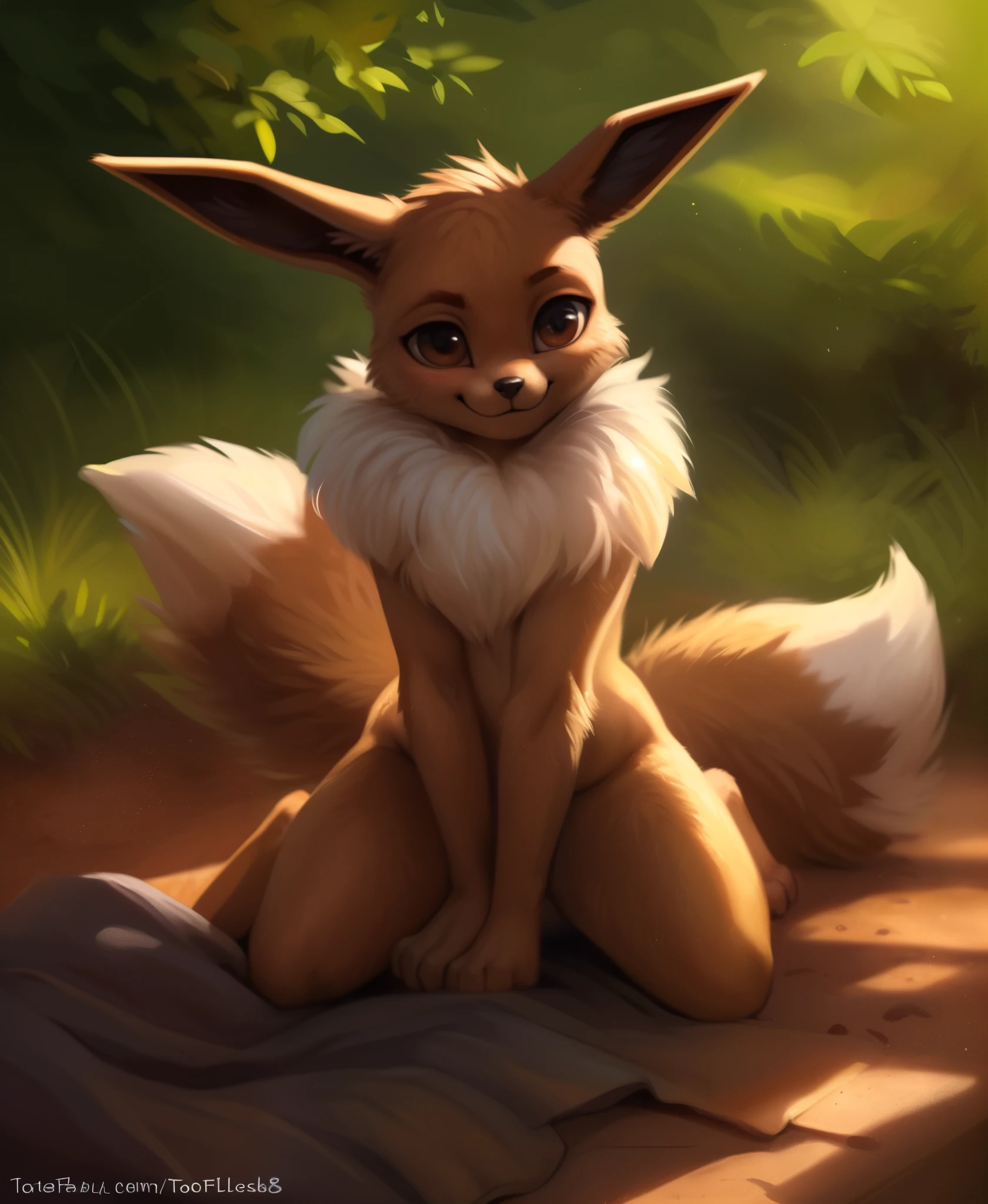 by kenket, by totesfleisch8, (by thebigslick, by silverfox5213:0.8), (by syuro:0.2), pokekid, eevee, fluffy girl, furry girl, female, smile, smiling, has a big pretty bow in her hair, has animal paws for hands, 1girl, best quality, outdoors, high definition, cute,