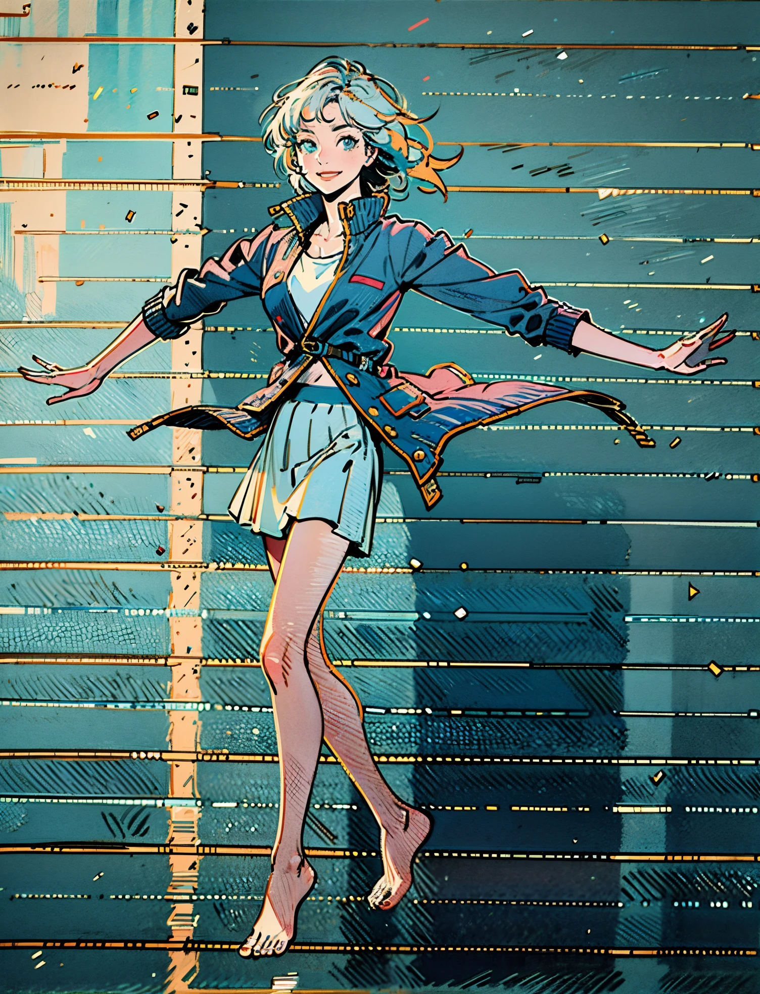 A girl with short gray hair, bright eyes, a cheerful smile, a joyful expression, a slender figure, a two-piece fantasy-realistic style jacket, short skirt that matching the outfit, barefoot, she happily leaps in front of a fantasy-style ancient ritual building, bright and soft color, this character embodies a finely crafted fantasy-realistic style girl in anime style, exquisite and mature manga art style, high definition, best quality, highres, ultra-detailed, ultra-fine painting, extremely delicate, professional, anatomically correct, symmetrical face, extremely detailed eyes and face, high quality eyes, creativity, RAW photo, UHD, 8k, Natural light, cinematic lighting, masterpiece-anatomy-perfect, masterpiece:1.5