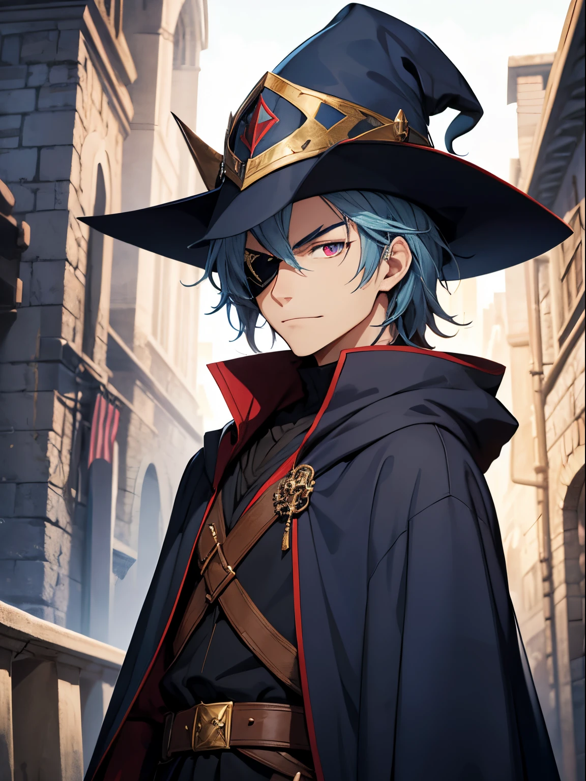 A age man, dark blue and blond hair, red eyes, eyepatch, wizard's cloak, adventurer's outfit, medieval, fantasy, wizard's hat, powerful, smirk