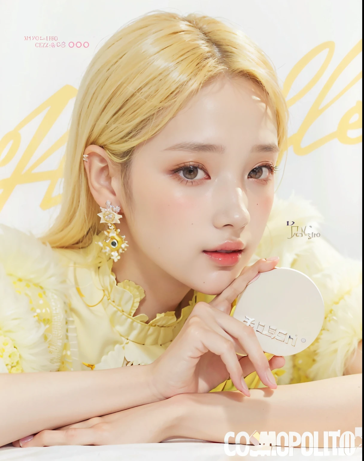 Foto arafed de una mujer con un vestido amarillo y aretes sosteniendo un espejo compacto., JIA, Render de abril, Retrato de Jossi de Blackpink, Ilustraciones oficiales, Jinyoung Shin, Fanart oficial, Amapola, Jaeyeon Nam, Taejune Kim, Bae Suzy, Amarilleado, ji-min, piel blanca lechosa, Obras de arte al estilo de Guweiz