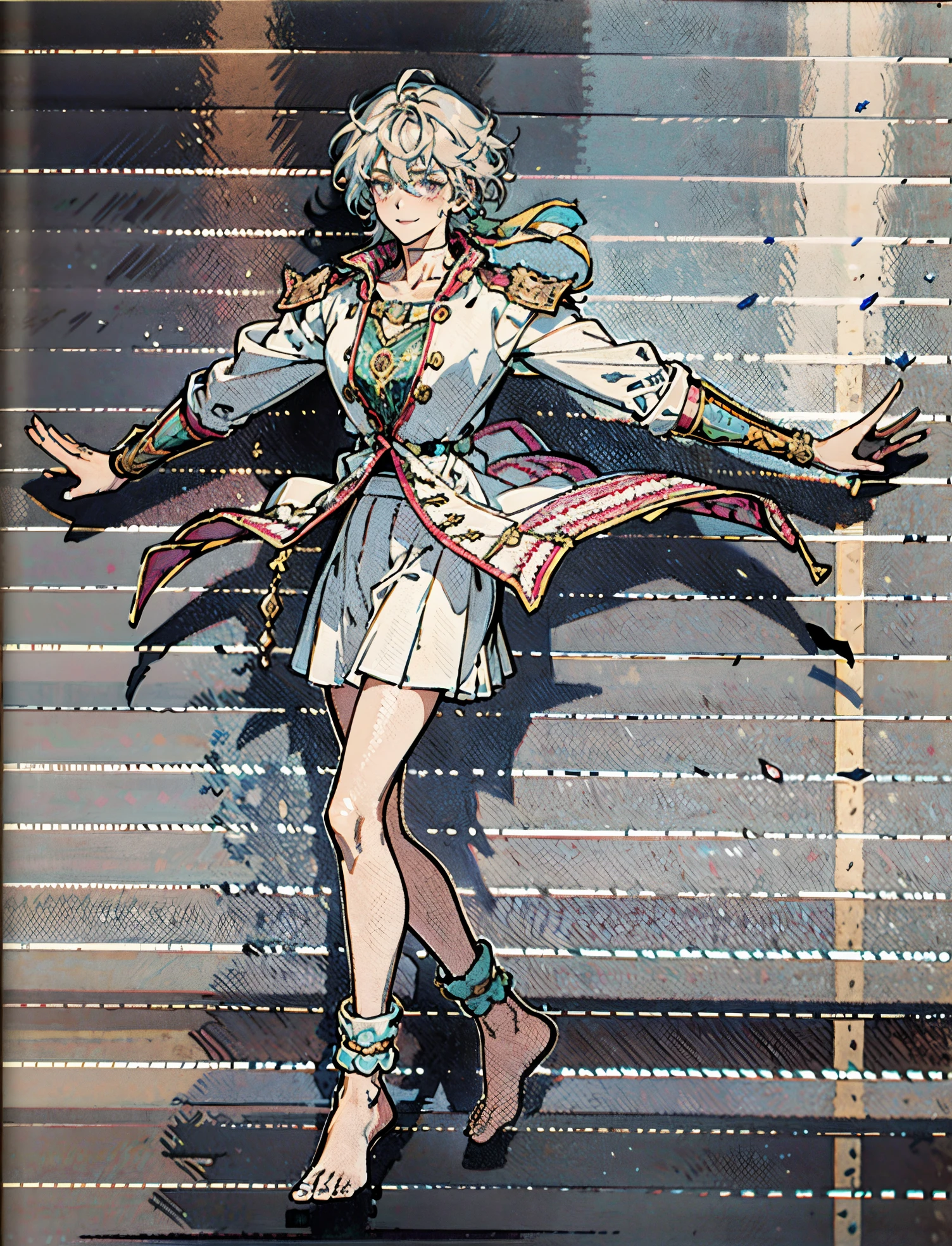 A girl with short gray hair, bright eyes, a cheerful smile, a joyful expression, a slender figure, a two-piece fantasy-realistic style jacket, short skirt that matching the outfit, barefoot, she happily leaps in front of a fantasy-style ancient ritual building, bright and soft color, this character embodies a finely crafted fantasy-realistic style girl in anime style, exquisite and mature manga art style, high definition, best quality, highres, ultra-detailed, ultra-fine painting, extremely delicate, professional, anatomically correct, symmetrical face, extremely detailed eyes and face, high quality eyes, creativity, RAW photo, UHD, 8k, Natural light, cinematic lighting, masterpiece-anatomy-perfect, masterpiece:1.5