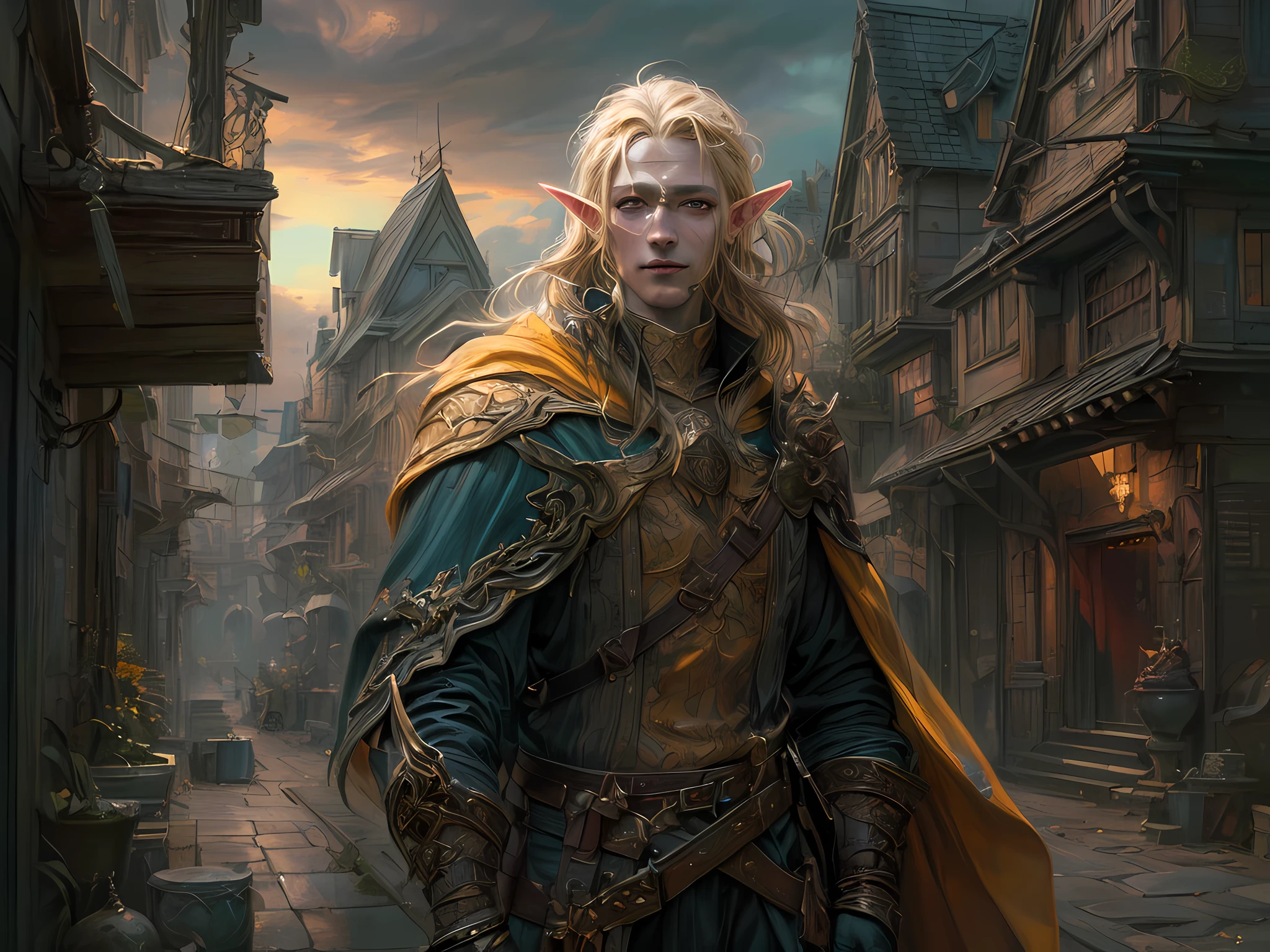 dark fantasy art, dnd art, dark RPG art, wide shot, (masterpiece:1.3), half elf bard in a fantasy street, full body, intense details, highly detailed, photorealistic, best quality, highres, portrait of 1(male: 1.4) half elf (fantasy art, Masterpiece, best quality: 1half elf, male, thin, pale skin, (dirt on face: 1.2), intense details facial detail (gritty fantasy art, Masterpiece, best quality: 1.4) bard, exquisite beauty, (blond hair: 1.3), (smirking in arrogance: 1.2), (dirt on face: 1.3), (grime on face: 1.3) intense azure eyeantasy art,  Masterpiece, best quality: 1.3) holding a (small lyre: 1.4) (fantasy art, Masterpiece, best quality: 1.4) wearing heavy (heavy armor, wearing) CM-Beautiful_armor,  wearing leather boots, wearing a cloak, a sword slung on his back (fantasy art, Masterpiece, best quality: 1.3), smiling an arrogant smile, standing in gritty fantasy street, there are (dark red clouds: 1.3) , (dark yellows clouds: 1.3) above, sense of gloom, sense of dread, depth of field, reflection light, high details, best quality, 16k, [ultra detailed], masterpiece, best quality, (extremely detailed), dynamic angle, ultra wide shot, photorealistic, RAW, fantasy art, dnd art, fantasy art, realistic art