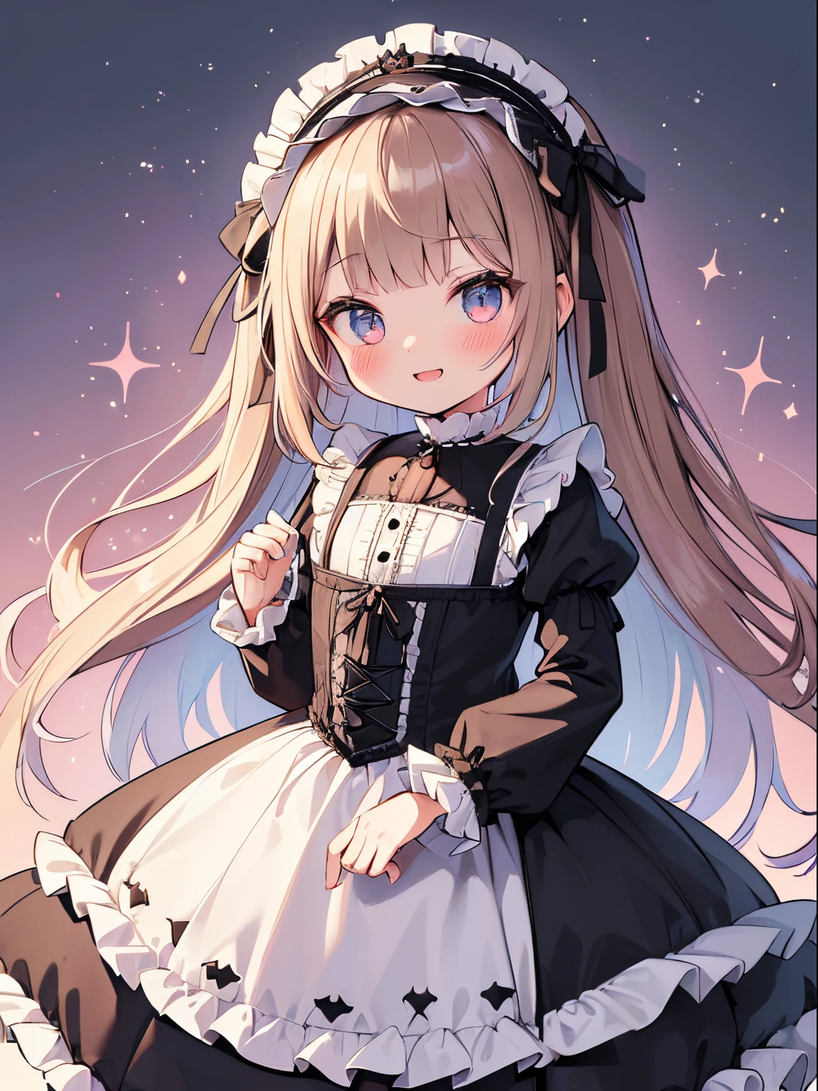 (Top Quality, 4K, High Resolution, Masterpiece), ((Perfect Anatomy)), Cute Girl, Chibi, Brown Hair, Long Hair, gradient eyes ,((👄)), Smile, BREAK, ((gothic lolita janska:1.5)), (Wain reddo dress with pastel color lace decoration), Crystallization of clothes, striped cloth, colorful Clothes, gradient background, Floating light spot, ((Princess in a gorgeous rococo ball gown decorated with beautiful embroidery and jewels, with a voluminous full-length hoop skirt with ruffles)), ((crinoline)),  (sparkle)