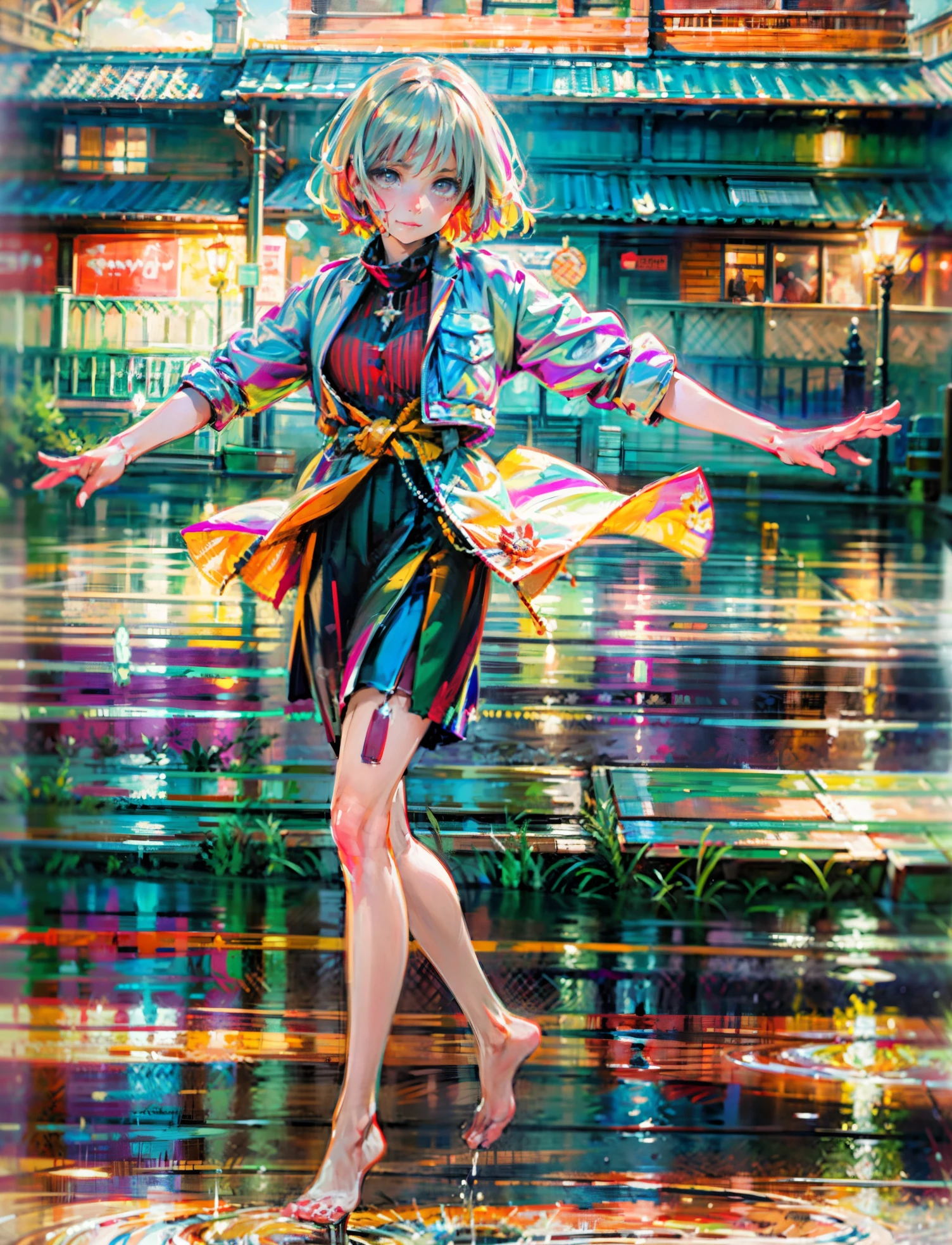 A girl with short gray hair, bright eyes, a cheerful smile, a joyful expression, a slender figure, a two-piece fantasy-realistic style jacket, short skirt that matching the outfit, barefoot, she happily leaps in front of a fantasy-style ancient ritual building, bright and soft color, this character embodies a finely crafted fantasy-realistic style girl in anime style, exquisite and mature manga art style, high definition, best quality, highres, ultra-detailed, ultra-fine painting, extremely delicate, professional, anatomically correct, symmetrical face, extremely detailed eyes and face, high quality eyes, creativity, RAW photo, UHD, 8k, Natural light, cinematic lighting, masterpiece-anatomy-perfect, masterpiece:1.5