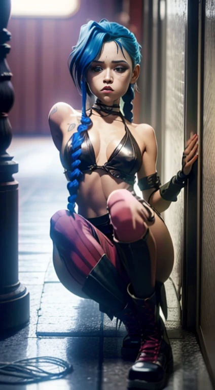 Design de personagens de Jinx, dynamic movements, deitada nua de costas, peito nu, covers his chest with his hands, Inchado , butt, gatinho, sexypose, figura bonita, Jinx de Arcane, Bright blue and purple sparks all around, olhos brilhantes, olhos brilhantes cor-de-rosa, cabelos compridos, Cabelos, Braided into long braids, Rabos de porco pendurados abaixo do joelho, A cor do cabelo muda de azul brilhante para azul marinho, Vestido com bermudas marrons, Leather boots on the feet, Top with four golden circles on the chest in the middle of the chest, Tatuagens de nuvem azul nos ombros e cintura, franja longa, pendurado no lado direito, Cinto com cartuchos na correia, estilo arcano, extremamente detalhado CG unidade 8k papel de parede, luz detalhada, Cinematic lighting, chromatic aberration, brilhante, no expression, Epic composition, escuro no fundo, Cherecter Desing, Very detailed, corpo detalhado, Vibrando, Rosto detalhado, foco nítido, arte de anime, Vibrando, Rosto detalhado, Hugh Detalhes, foco nítido, Face much fall, Um olhar detalhado, illustration super fine, melhor sombra, detalhe fino, Belo brilho detalhado, lindo detalhado, extremamente detalhado, no expression, Epic composition,