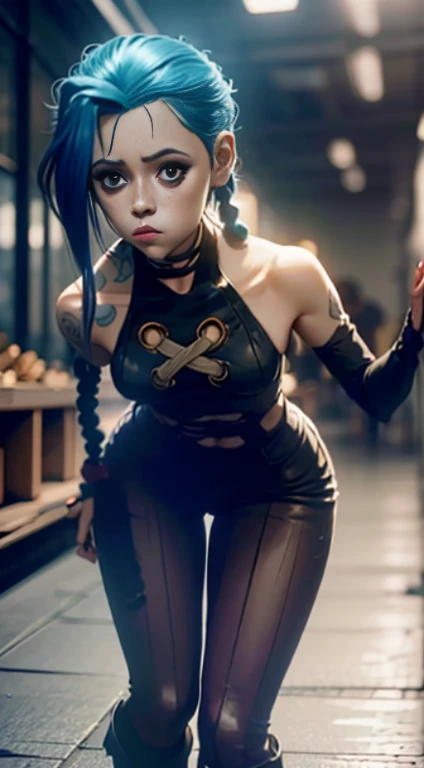 Design de personagens de Jinx, dynamic movements, deitada nua de costas, peito nu, covers his chest with his hands, Inchado , butt, gatinho, sexypose, figura bonita, Jinx de Arcane, Bright blue and purple sparks all around, olhos brilhantes, olhos brilhantes cor-de-rosa, cabelos compridos, Cabelos, Braided into long braids, Rabos de porco pendurados abaixo do joelho, A cor do cabelo muda de azul brilhante para azul marinho, Vestido com bermudas marrons, Leather boots on the feet, Top with four golden circles on the chest in the middle of the chest, Tatuagens de nuvem azul nos ombros e cintura, franja longa, pendurado no lado direito, Cinto com cartuchos na correia, estilo arcano, extremamente detalhado CG unidade 8k papel de parede, luz detalhada, Cinematic lighting, chromatic aberration, brilhante, no expression, Epic composition, escuro no fundo, Cherecter Desing, Very detailed, corpo detalhado, Vibrando, Rosto detalhado, foco nítido, arte de anime, Vibrando, Rosto detalhado, Hugh Detalhes, foco nítido, Face much fall, Um olhar detalhado, illustration super fine, melhor sombra, detalhe fino, Belo brilho detalhado, lindo detalhado, extremamente detalhado, no expression, Epic composition,