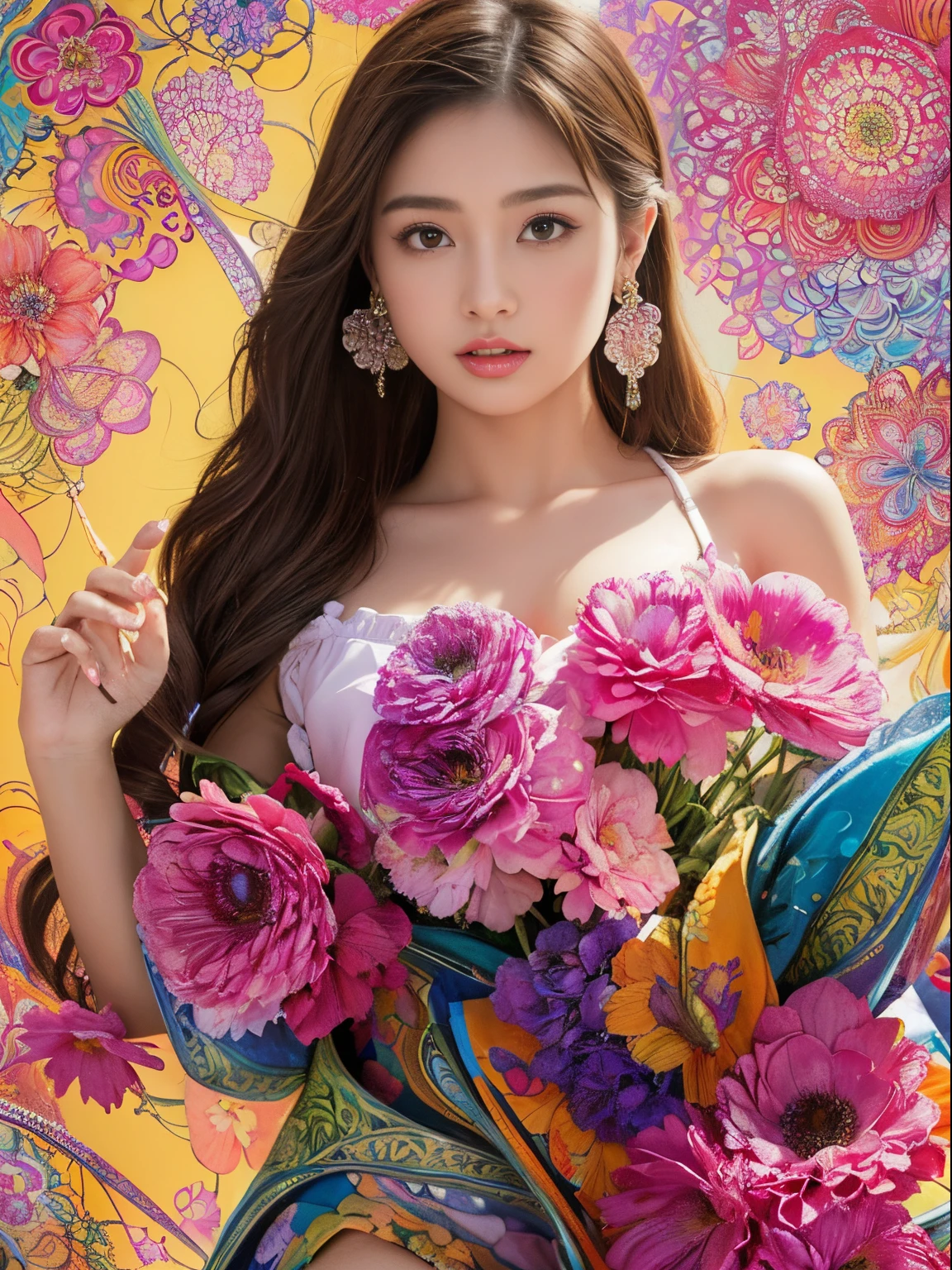 (masterpiece, top quality, best quality, official art, beautiful and aesthetic:1.2), (1girl:1.3), extremely detailed,(fractal art:1.1),(colorful:1.1)(flowers:1.3),highest detailed,(zentangle:1.2), (dynamic pose), (abstract background:1.3), (shiny skin), (many colors:1.4), ,(earrings:1.4),