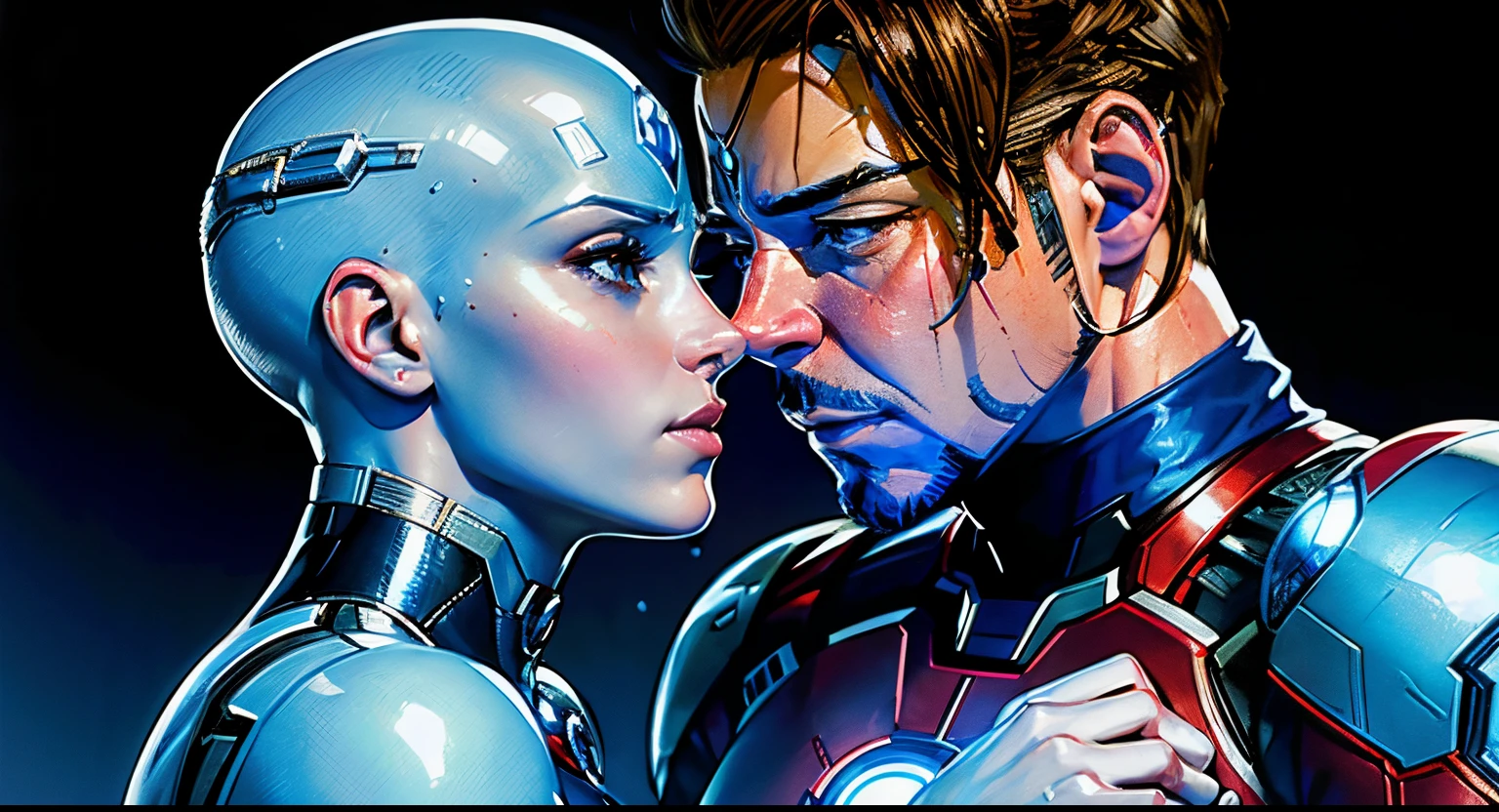 beautiful couple. Two characters. Kiss. Drops. Hugs. Sad. Two persons. White man and blue woman. ((Tony Stark)) man with white skin in love with bald woman cyborg-woman blue skin. (photo realism), (Best Quality, Masterpiece, Full of Details), Ultra HD