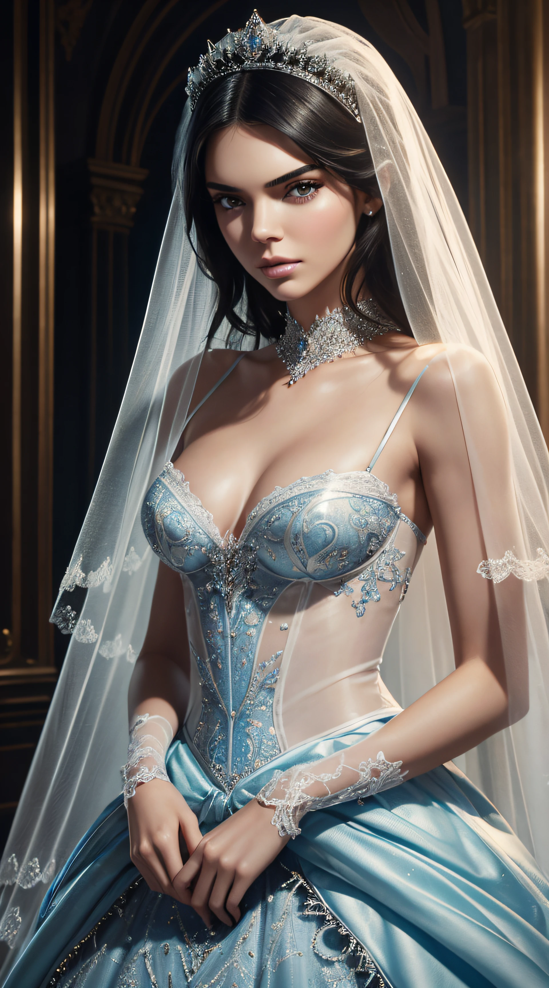 Kendall Jenner, veil bride cinderella sexy clothes transparent. professionally retouched, soft lighting, realistic, smooth face, perfect eyes, sharp focus on eyes, 8 k, high definition, insanely detailed, intricate, elegant. in a natural background.