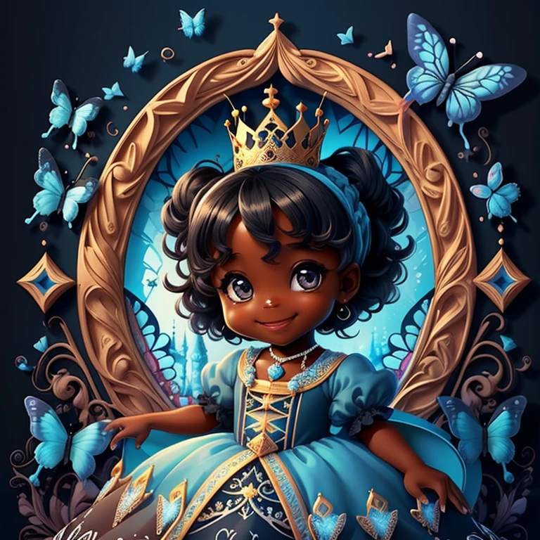 (cute black baby girl smiling with a blue princess dress, butterflies and a castle), Munchkin ,Geometric multidimensional wall portrait, livro de arte, Tchibi,
Yang08k, Beautiful, Colouring,
Obras, of the highest quality, best quality, Arte Oficial, Beautiful and Aesthetic,