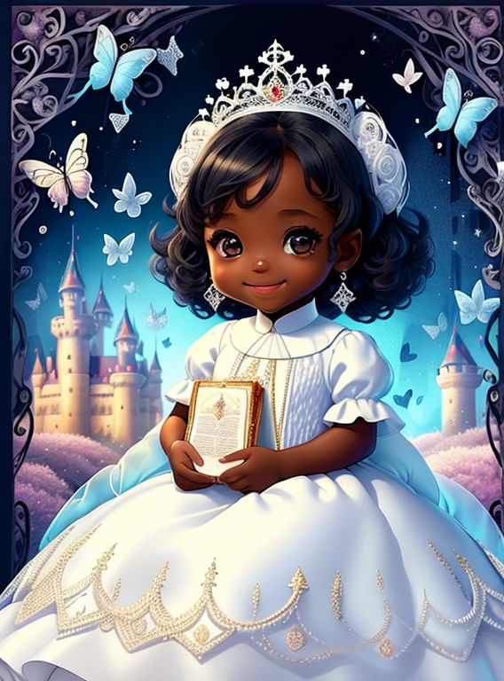 (cute black  girl smiling with a white princess dress, butterflies and a castle), Munchkin ,Geometric multidimensional wall portrait, livro de arte, Tchibi,
Yang08k, Beautiful, Colouring,
Obras, of the highest quality, best quality, Arte Oficial, Beautiful and Aesthetic,