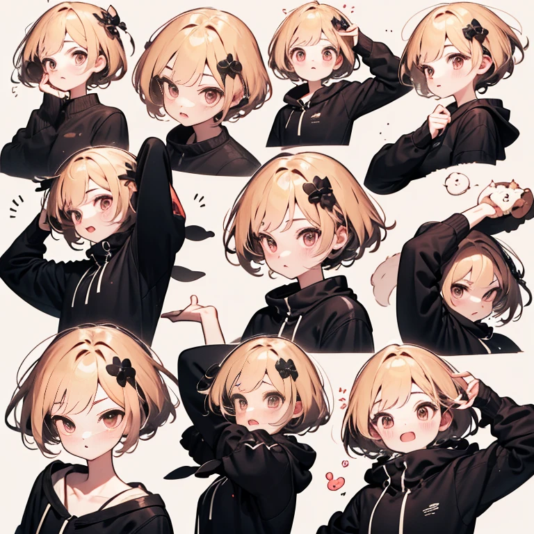 Cute girls，Emoji pack，cat ear，Short hair，Orange hair，（9 emojis，emoji sheet of，Align arrangement)，9 poses and expressionourning，amazement，Have fun，exhilarated，big laughter，doubt，Angry ，Touch the head，Sell moe, wait），Anthropomorphic style，Disney style，Black features，9 different emotions，9 poses and expressions，8K