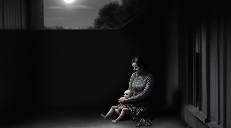 (((a poor woman sitting on the floor with a baby on her lap))), roupas sujas, DIRTY CHILD, on the mother's lap, filho da pobreza, miserable, ,( man standing beside), sofrimento, sentada, sarjeta, dirty water, a skinny dog, A dirty child, despojados de dignidade, on the margins of society, insalubre, (((um beco imundo))), latas de lixo, pedindo esmola, dog near her, mulher sentada, (misery in real life), (landscape with a pale gray sun), luzes evidenciam a mulher e o filho na pobreza,
