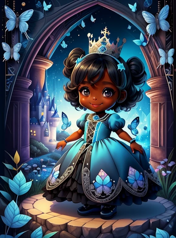 (cute black baby girl smiling with a blue princess dress, butterflies and a castle), Munchkin ,Geometric multidimensional wall portrait, livro de arte, Tchibi,
Yang08k, Beautiful, Colouring,
Obras, of the highest quality, best quality, Arte Oficial, Beautiful and Aesthetic,
