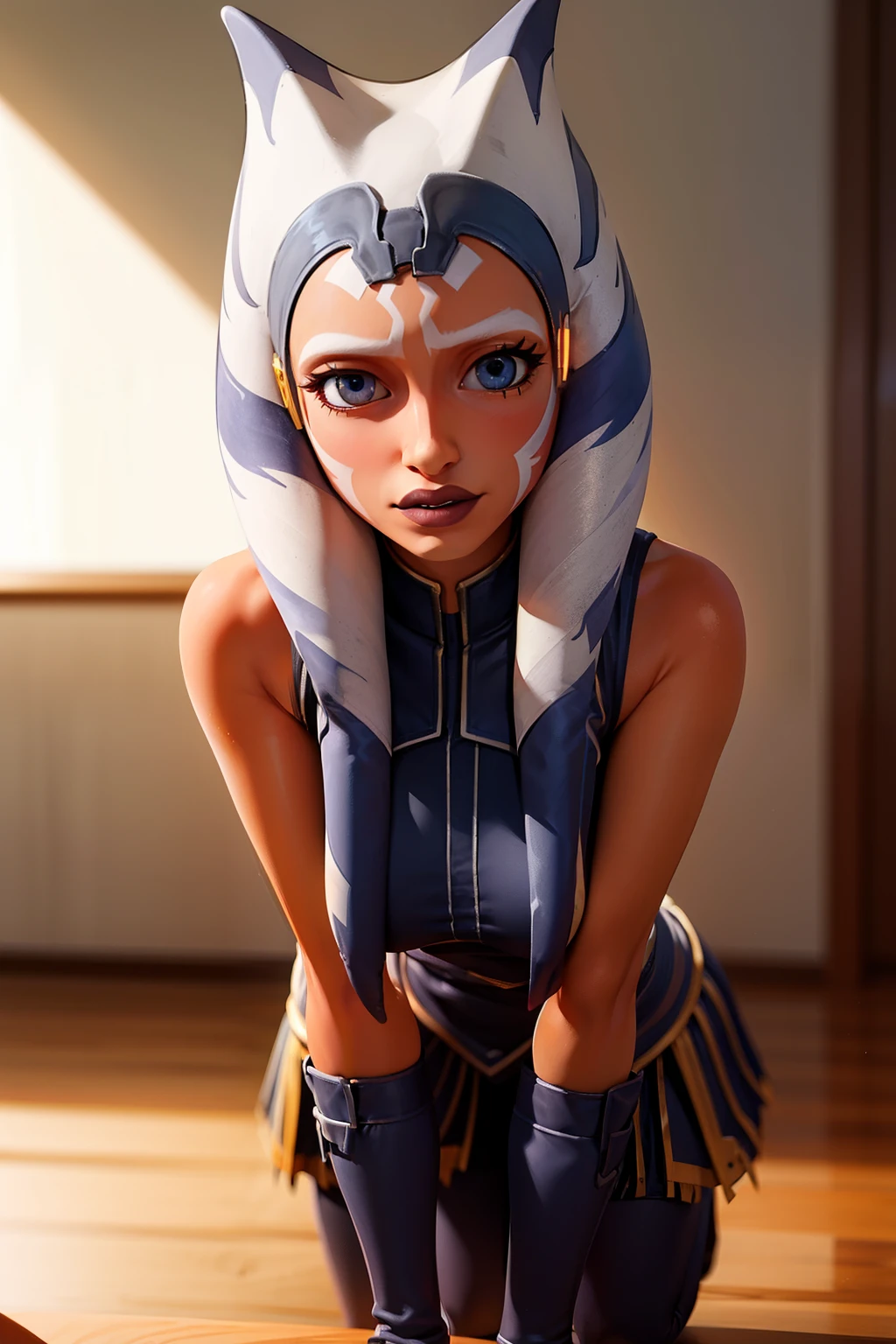 one girl, ahsoka tano, bust, (slender body:1.2), solo, upper body, blue eyes, orange skin, (small breasts, tiny breasts, male chest, cleavage:1.3), bare shoulders, masterpiece, highly detailed, look at viewer, shiny blured orange background, gradient sprayed background, front view, gradient red purple background, blured background, glowing edges of image