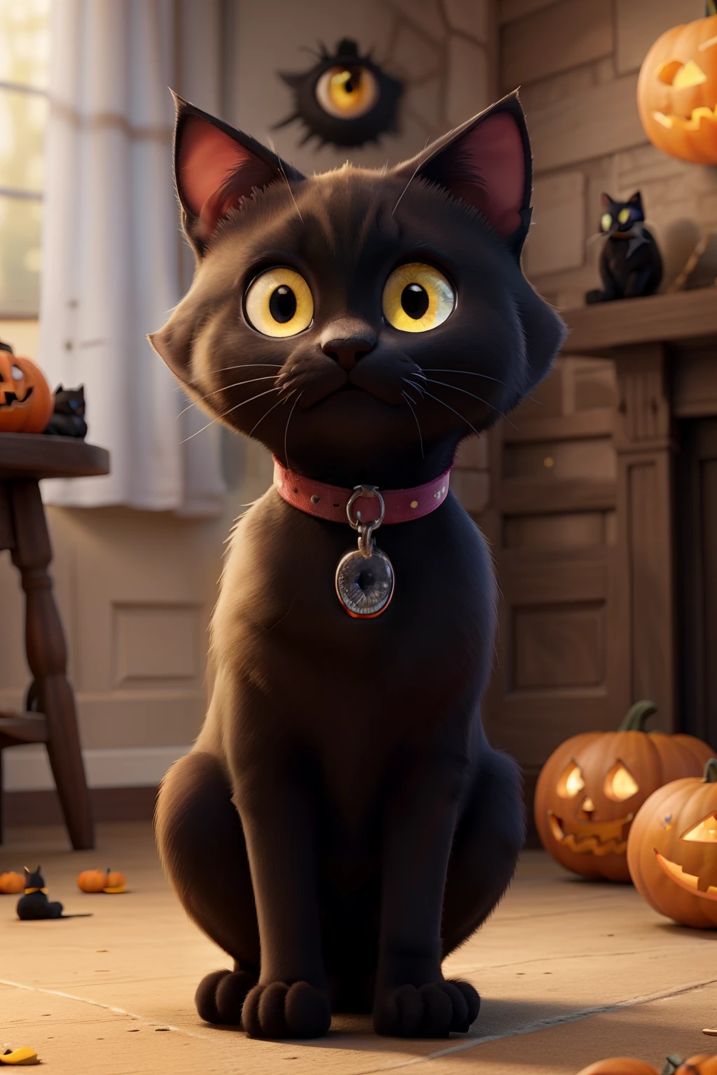 black cat facing camera happy prancing yellow Halloween eyes.
