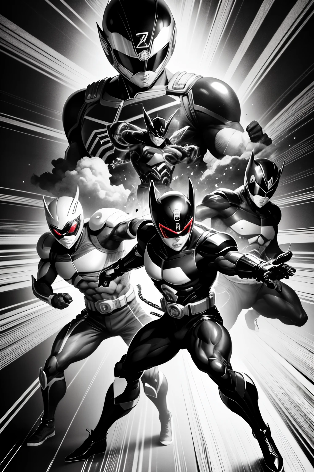 black and white, anime, manga style drawing, super sentai, retro, 80's style anime, dynamic pose, shading, black lines, depth of field, comic book cover, manga cover, japanese style, power rangers, full body in frame, zeo rangers,