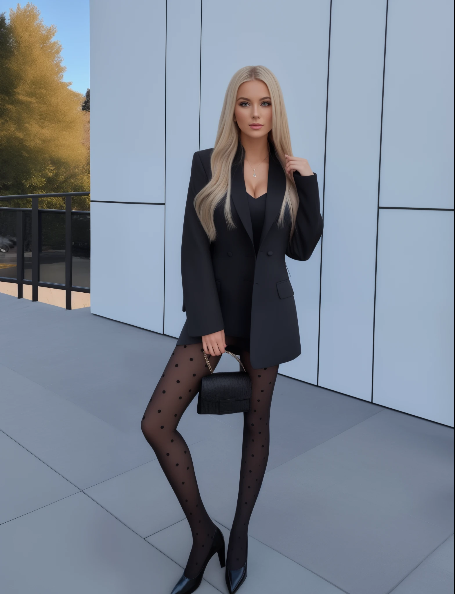 A blonde woman in a black suit and polka dot tights poses for a photo, Swedish girl in a suit, schwarzes Outfit, Blonde Dame in schwarzem Mantel und Strumpfhose, Strumpfhosen Haut, kurzer Rock und eine lange Jacke, Strumpfhose, Strumpfhosen Strumpfhosen, Strumpfhose, Schwarze Oversize-Kleidung, Girl in a suit, lange schwarze Jacke, full body length, Black luxurious suit, zerrissene Strumpfhose