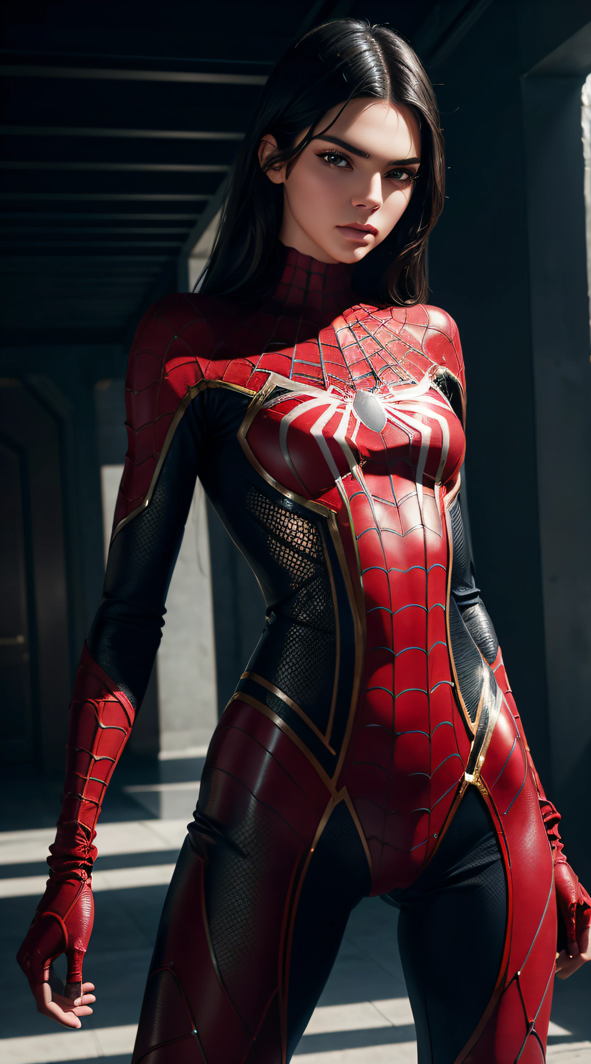 Kendall Jenner, spiderman costume sexy clothes transparent. professionally retouched, soft lighting, realistic, smooth face, perfect eyes, sharp focus on eyes, 8 k, high definition, insanely detailed, intricate, elegant. in a natural background.