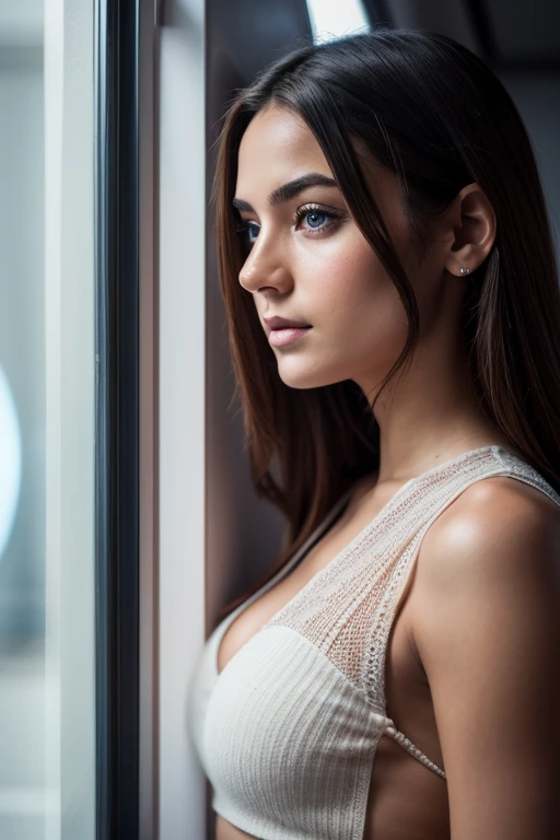(a girl, 16 years old), Hermosos ojos azules, Beautiful, Mirada curiosa, cabello azul con reflejos rosados, ropa azul futurista, (En pie), en una nave espacial muy futurista, ((looking at the universe through a window )), 8k UHD, Cinematographic photo, Hiperrealista, Science-Fiction, cuerpo completo, delgado.