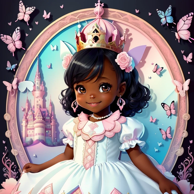 (cute black baby girl smiling with a white and pink princess dress, butterflies and a castle), Munchkin ,Geometric multidimensional wall portrait, livro de arte, Tchibi,
Yang08k, Beautiful, Colouring,
Obras, of the highest quality, best quality, Arte Oficial, Beautiful and Aesthetic,