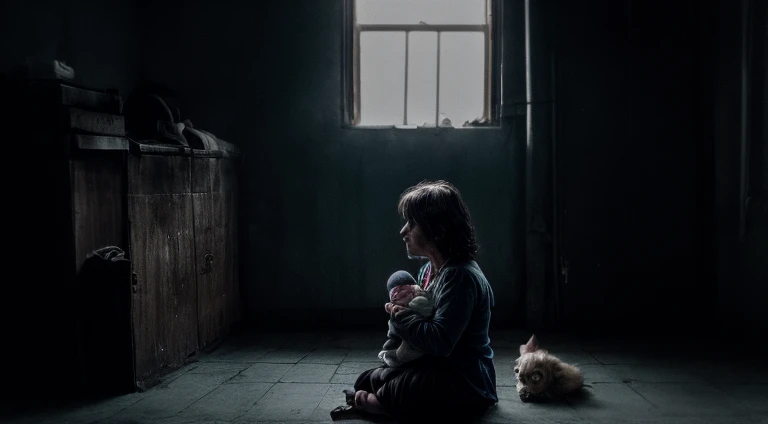 (((a poor woman sitting on the floor with a baby on her lap))), roupas sujas, DIRTY CHILD, on the mother's lap, filho da pobreza, miserable, man standing beside, sofrimento, sentada, sarjeta, dirty water, a skinny dog, A dirty child, despojados de dignidade, on the margins of society, insalubre, (((um beco imundo))), latas de lixo, pedindo esmola, dog near her, mulher sentada, (misery in real life), (landscape with a pale gray sun), luzes evidenciam a mulher e o filho na pobreza, beco com latas de lixo, gray sky, luzes com vapores, miasmas, espectors
