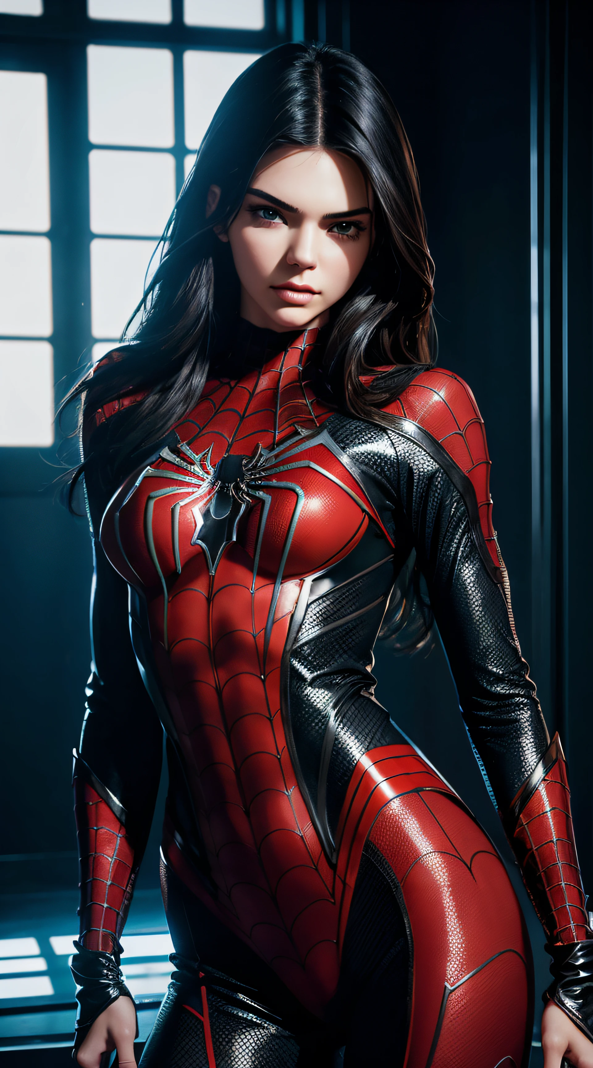 Kendall Jenner, spiderman costume sexy clothes transparent. professionally retouched, soft lighting, realistic, smooth face, perfect eyes, sharp focus on eyes, 8 k, high definition, insanely detailed, intricate, elegant. in a natural background.