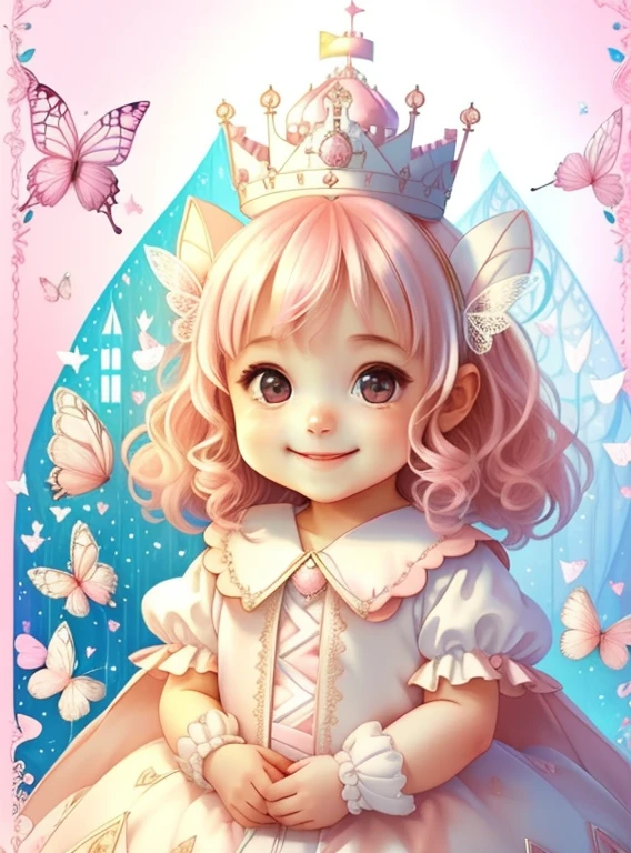 (cute  smiling with a white and pink princess dress, butterflies and a castle), Munchkin ,Geometric multidimensional wall portrait, livro de arte, Tchibi,
Yang08k, Beautiful, Colouring,
Obras, of the highest quality, best quality, Arte Oficial, Beautiful and Aesthetic,