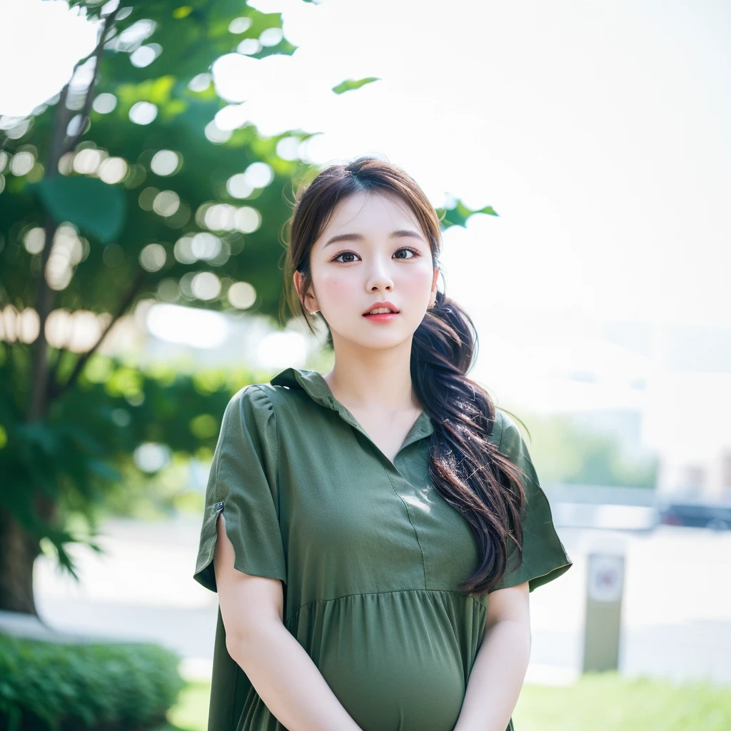 Highly detailed CG Unity 8k wallpaper, top quality, super detailed, masterpiece, realistic, photorealistic, very detailed cute girl, 25 years old, round eyes, viewer, semi-body shot, pregnant woman, office lady, city, casual dress, shopping, cleavage, small