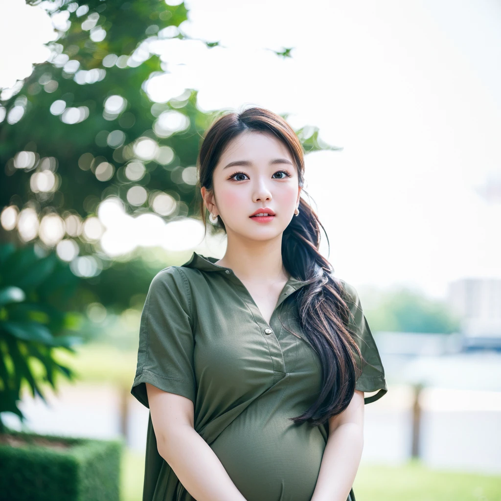 Highly detailed CG Unity 8k wallpaper, top quality, super detailed, masterpiece, realistic, photorealistic, very detailed cute girl, 25 years old, round eyes, viewer, semi-body shot, pregnant woman, office lady, city, casual dress, shopping, cleavage, small