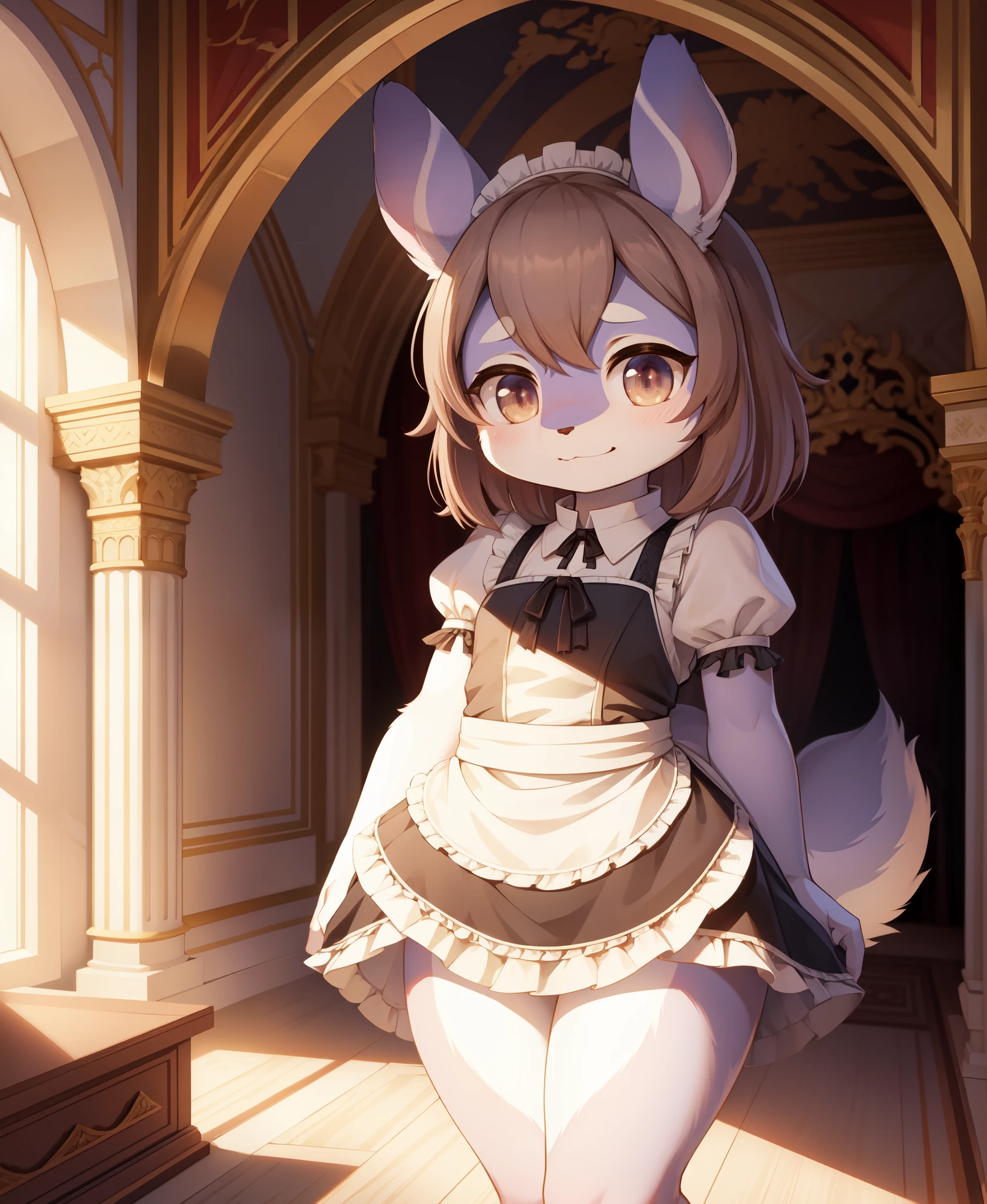 (masterpiece, Best quality at best), own, beast wild, fluffy woman, Wolf-eared ax detail), (Light and shadow for any background)), Cute girl in maid outfit , the maid outfit, white colors, natural,, (face flushed),A smile, (One tail), (palaces), (Palace bedroom), (Classical European style bedroom ), (Excited, the shy, lack of expressiveness, ), standing