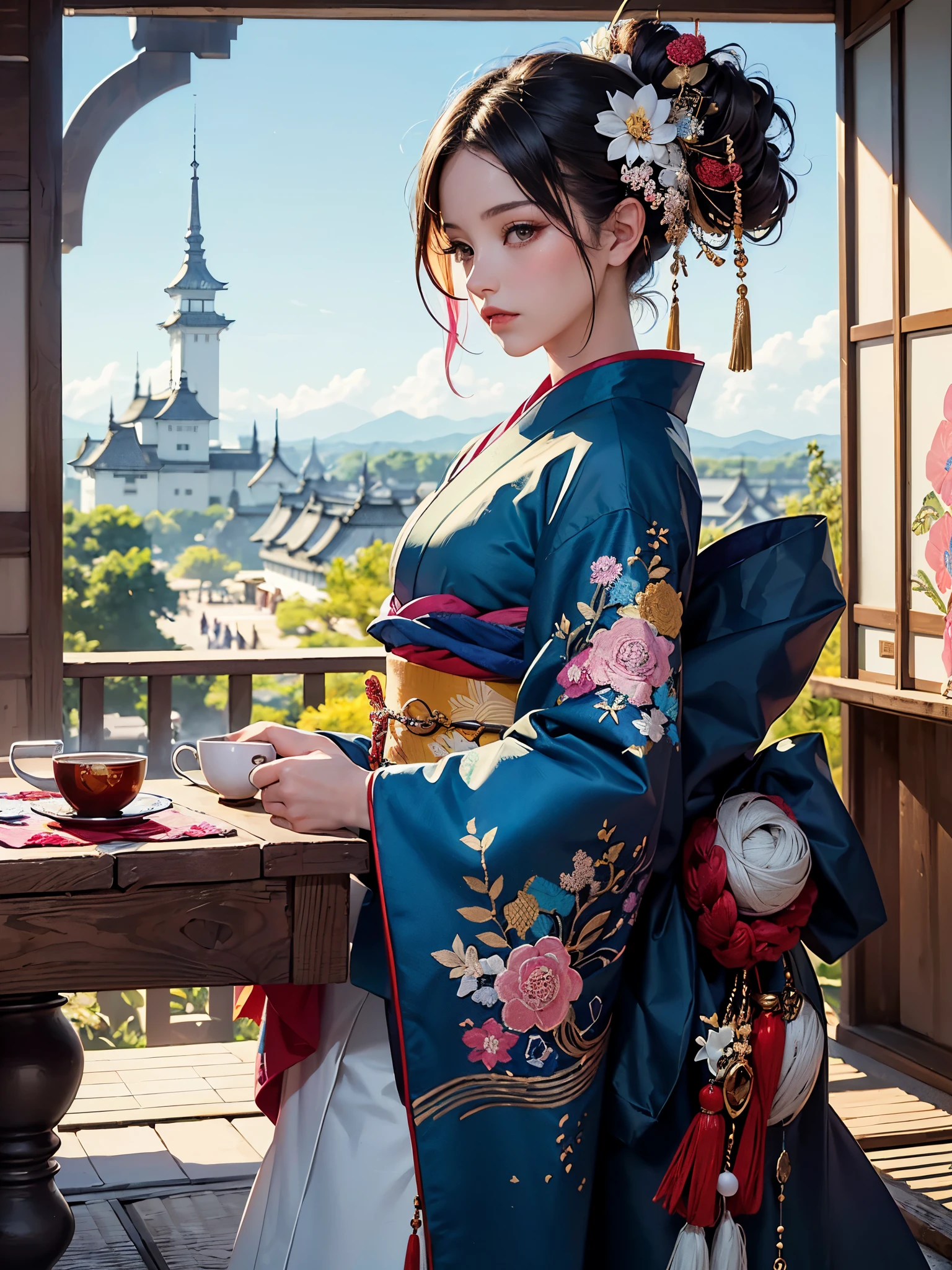 (masterpiece, top quality, best quality, official art, beautiful and aesthetic:1.2), (1girl),elaborate costume(Luxurious Japan kimono(Colorful kimono(detailed embroidery))), extreme detailed,(Fractal art),colorful,highest detailed,昼間のWestern castle in the background,having a tea party,
