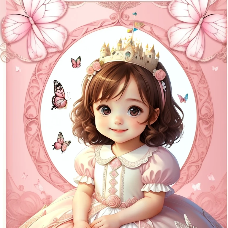 (cute baby girl with brown hair smiling with a white and pink princess dress, butterflies and a castle), Munchkin ,Geometric multidimensional wall portrait, livro de arte, Tchibi,
Yang08k, Beautiful, Colouring,
Obras, of the highest quality, best quality, Arte Oficial, Beautiful and Aesthetic,