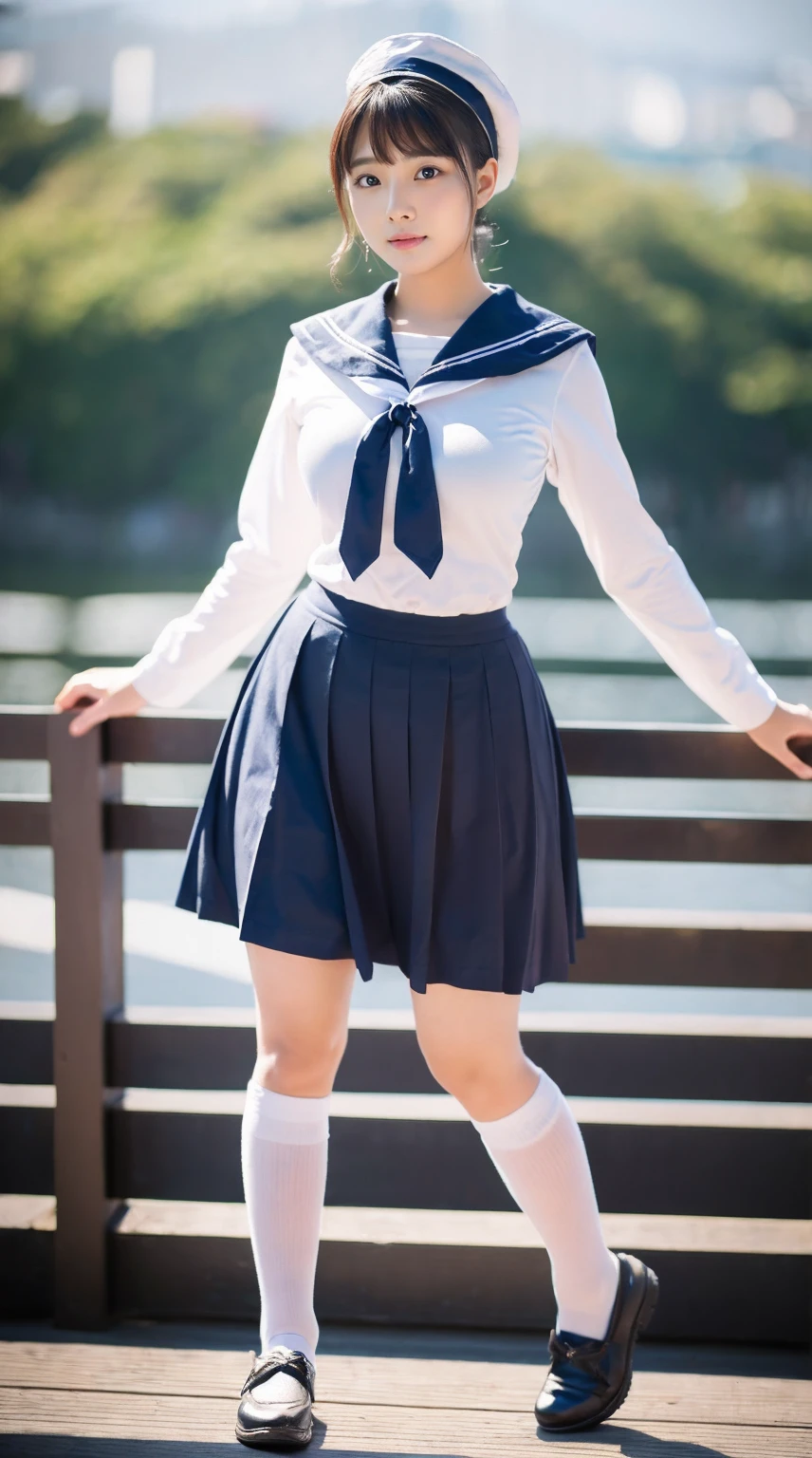 (Masterpiece,High Quality:1.3),(depth of field:1.3) ,((front body:1.35)), Japanese ,Girl,chignon,sailor uniform,long skirt,huge breasts,voluptuous,(looking at viewer:1.3), (full body shot:1.2),