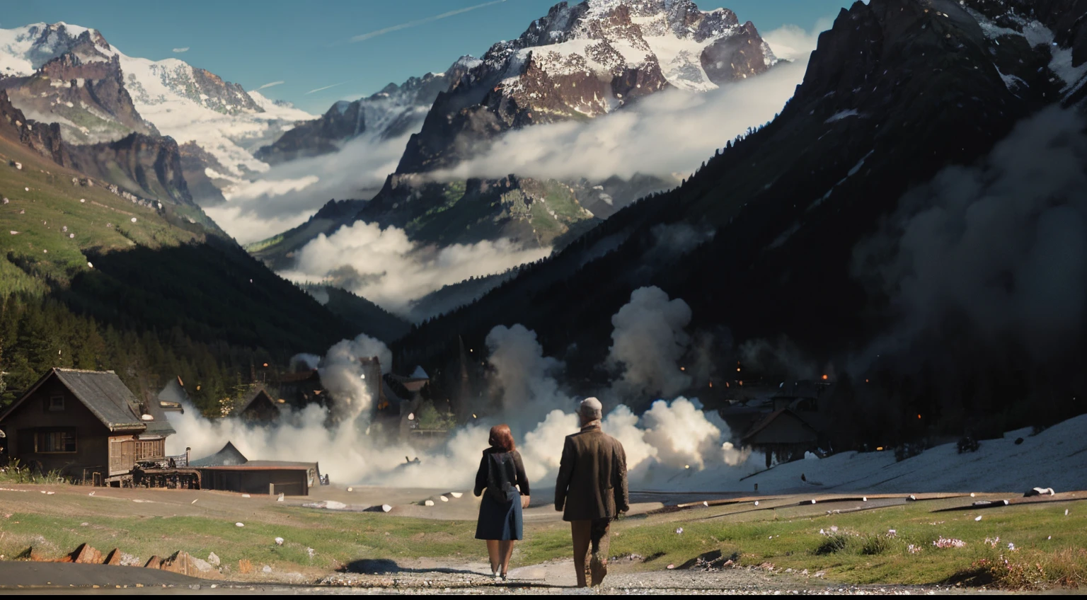 The young woman and the old man look at the train in the distance together.,Breathing steam through the mountains