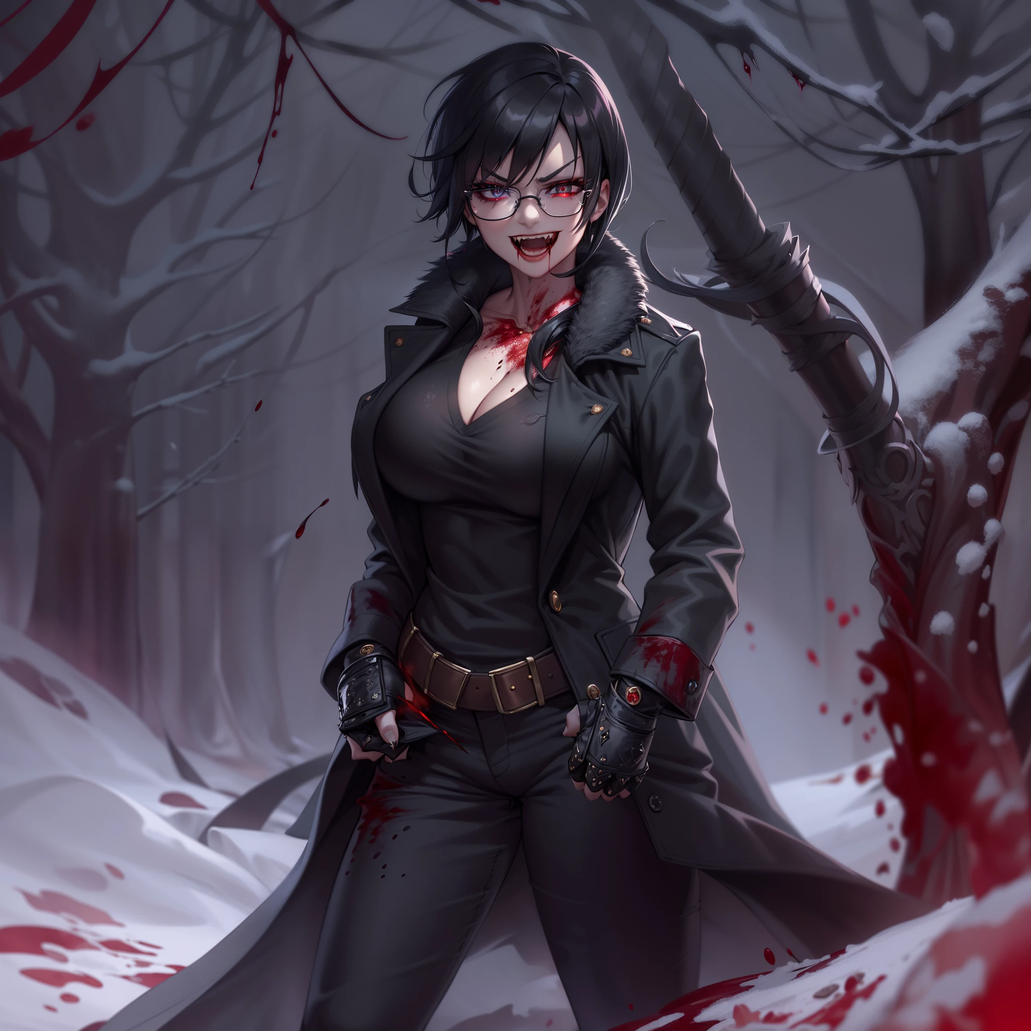 (High resolution, best quality, masterpiece) detail, intricate detail, realism, 1female, ((solo_focused)), single, one woman, physically fit, curvy, pale skin, vampire, fierce expression, dark eyes, (detailed eyes), red_rimmed eyes, sharpened fangs, black hair, short hair, full body, ((detailed hands)), ((pointed fingeredium breast, beautiful, mature, dark aura surrounding her, malevolent energy, (topwear:(((shirt:black, trench_coat:black)), handwear:((gauntletottomwear:(pantlue))), blood dripping, glasses, dark tinted glasses, grinning, cocky expression, menacing, blood spatter, gore, haunted expression, winter clothing, snowy background
