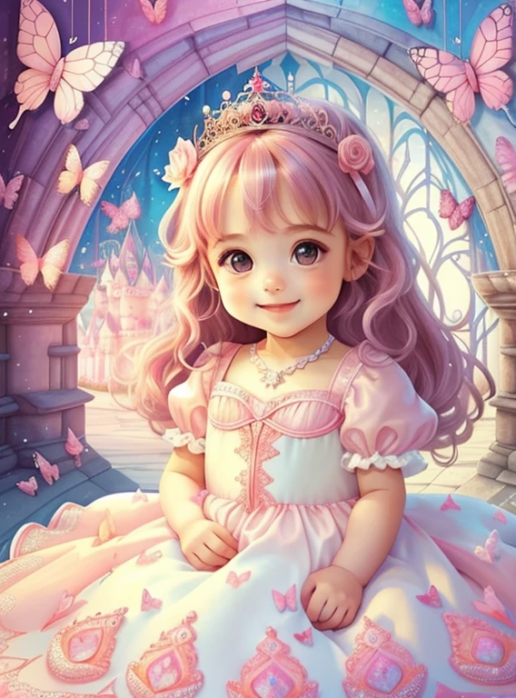 (cute baby girl smiling with a pink princess dress, butterflies and a castle), Munchkin ,Geometric multidimensional wall portrait, livro de arte, Tchibi,
Yang08k, Beautiful, Colouring,
Obras, of the highest quality, best quality, Arte Oficial, Beautiful and Aesthetic,