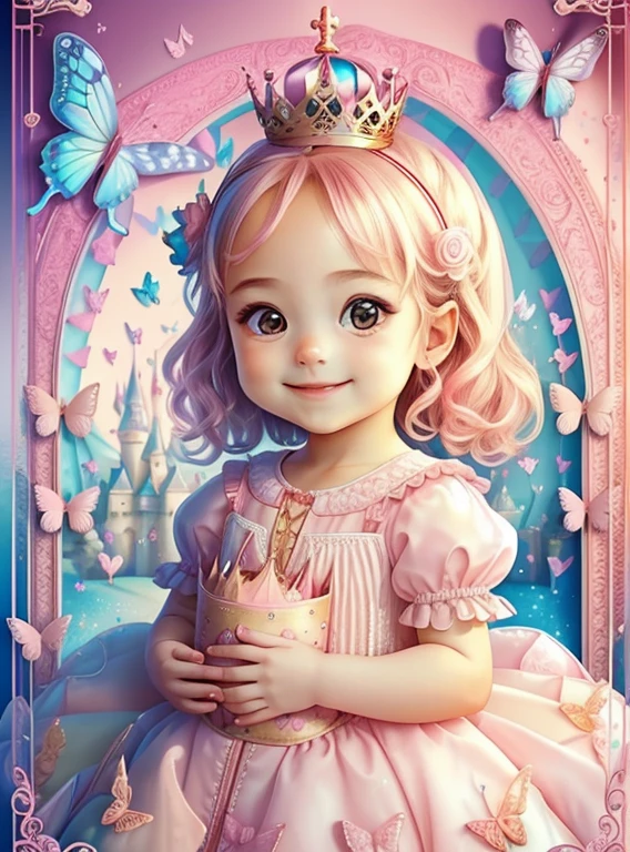 (cute smiling with a pink princess dress, butterflies and a castle), Munchkin ,Geometric multidimensional wall portrait, livro de arte, Tchibi,
Yang08k, Beautiful, Colouring,
Obras, of the highest quality, best quality, Arte Oficial, Beautiful and Aesthetic,