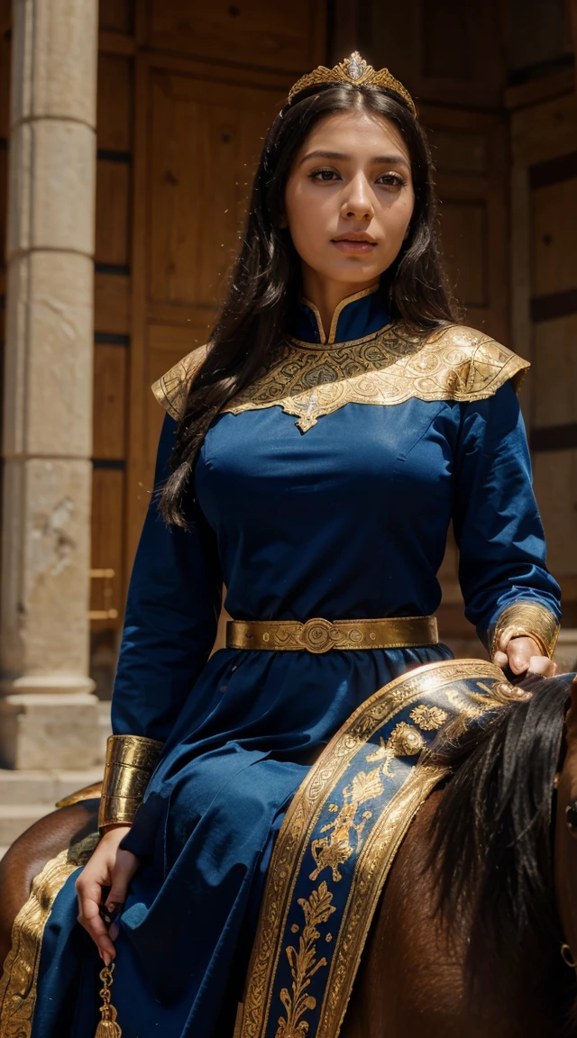 Female_king_Tamar_of_Georgia, 25_years_old, on_horse, 12_century, Black_straight_hair, Georgian_crown, stunning, Byzantine_blue_and_golden_clothes, 4k_cinematic_realistic