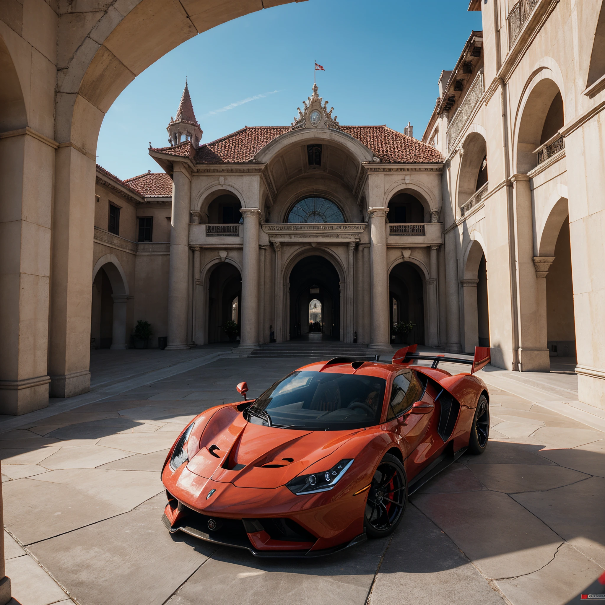 Hypercar extremely fast red futuristic in front of a palace daytime hyper detailed full hd 8k