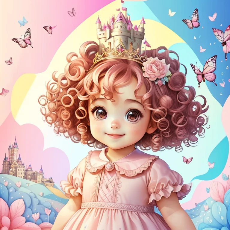 (cute baby girl with curly hair smiling with a pink princess dress, butterflies and a castle), Munchkin ,Geometric multidimensional wall portrait, livro de arte, Tchibi,
Yang08k, Beautiful, Colouring,
Obras, of the highest quality, best quality, Arte Oficial, Beautiful and Aesthetic,