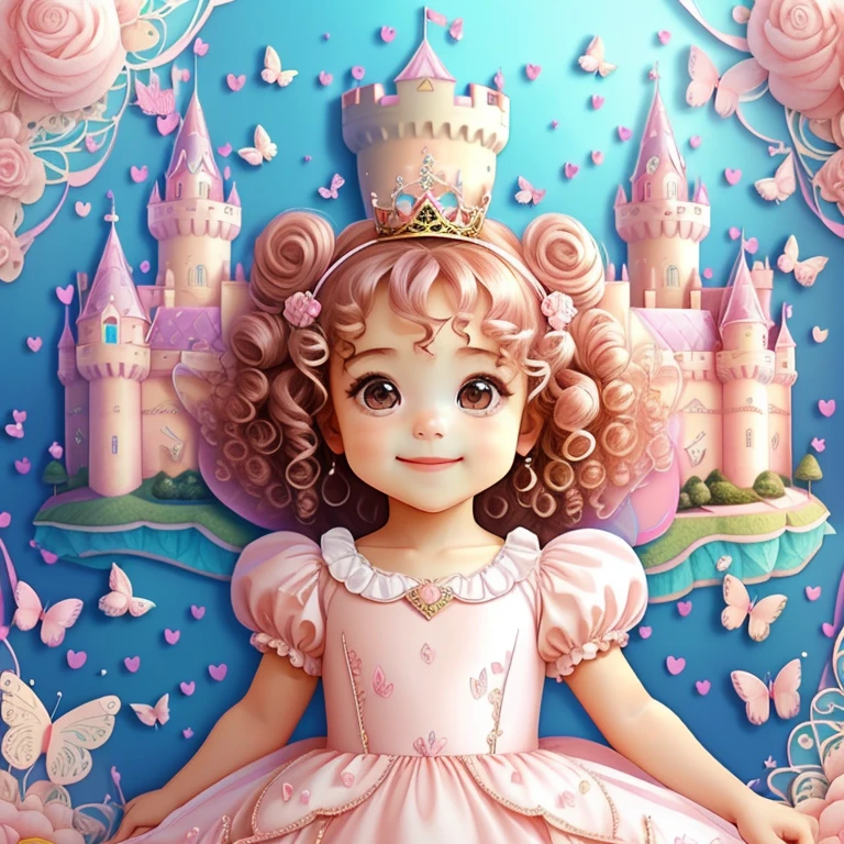 (cute baby girl with curly hair smiling with a pink princess dress, butterflies and a castle), Munchkin ,Geometric multidimensional wall portrait, livro de arte, Tchibi,
Yang08k, Beautiful, Colouring,
Obras, of the highest quality, best quality, Arte Oficial, Beautiful and Aesthetic,