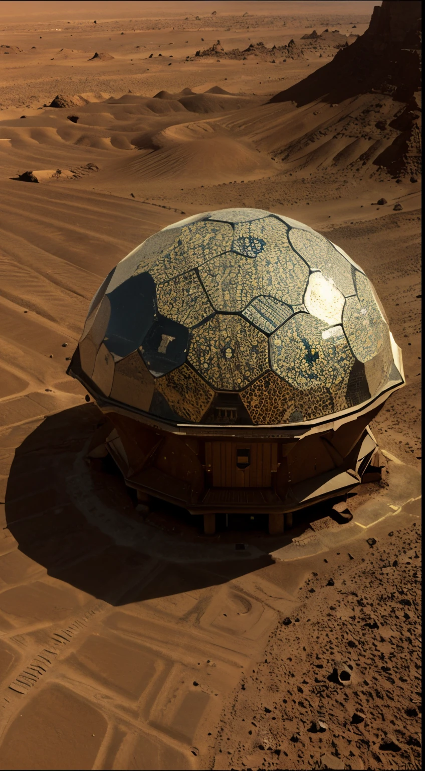 Mars surface is covered in hexagons. These hexagons have massively tall domes, inside these domes are massive city's. There are six of these city's all connected, we are being the citys from above high in the atmosphere of Mars atmosphere