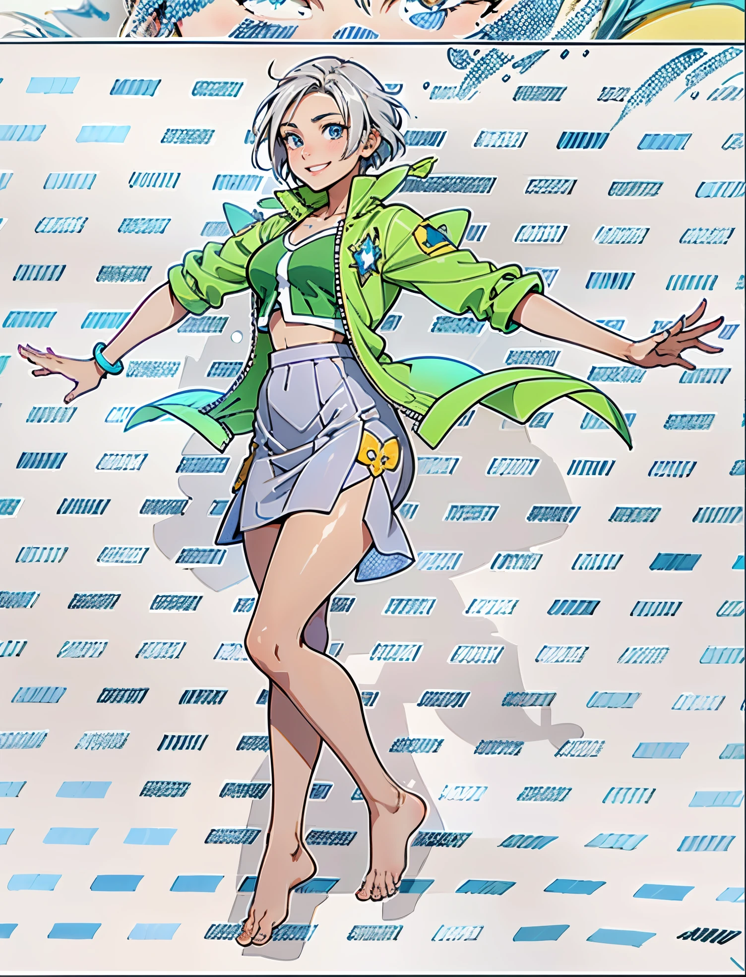 A girl with short gray hair, bright eyes, a cheerful smile, a joyful expression, a slender figure, a two-piece fantasy-realistic style jacket, short skirt that matching the outfit, barefoot, she happily leaps in front of a fantasy-style ancient ritual building, bright and soft color, this character embodies a finely crafted fantasy-realistic style girl in anime style, exquisite and mature manga art style, high definition, best quality, highres, ultra-detailed, ultra-fine painting, extremely delicate, professional, anatomically correct, symmetrical face, extremely detailed eyes and face, high quality eyes, creativity, RAW photo, UHD, 8k, Natural light, cinematic lighting, masterpiece-anatomy-perfect, masterpiece:1.5