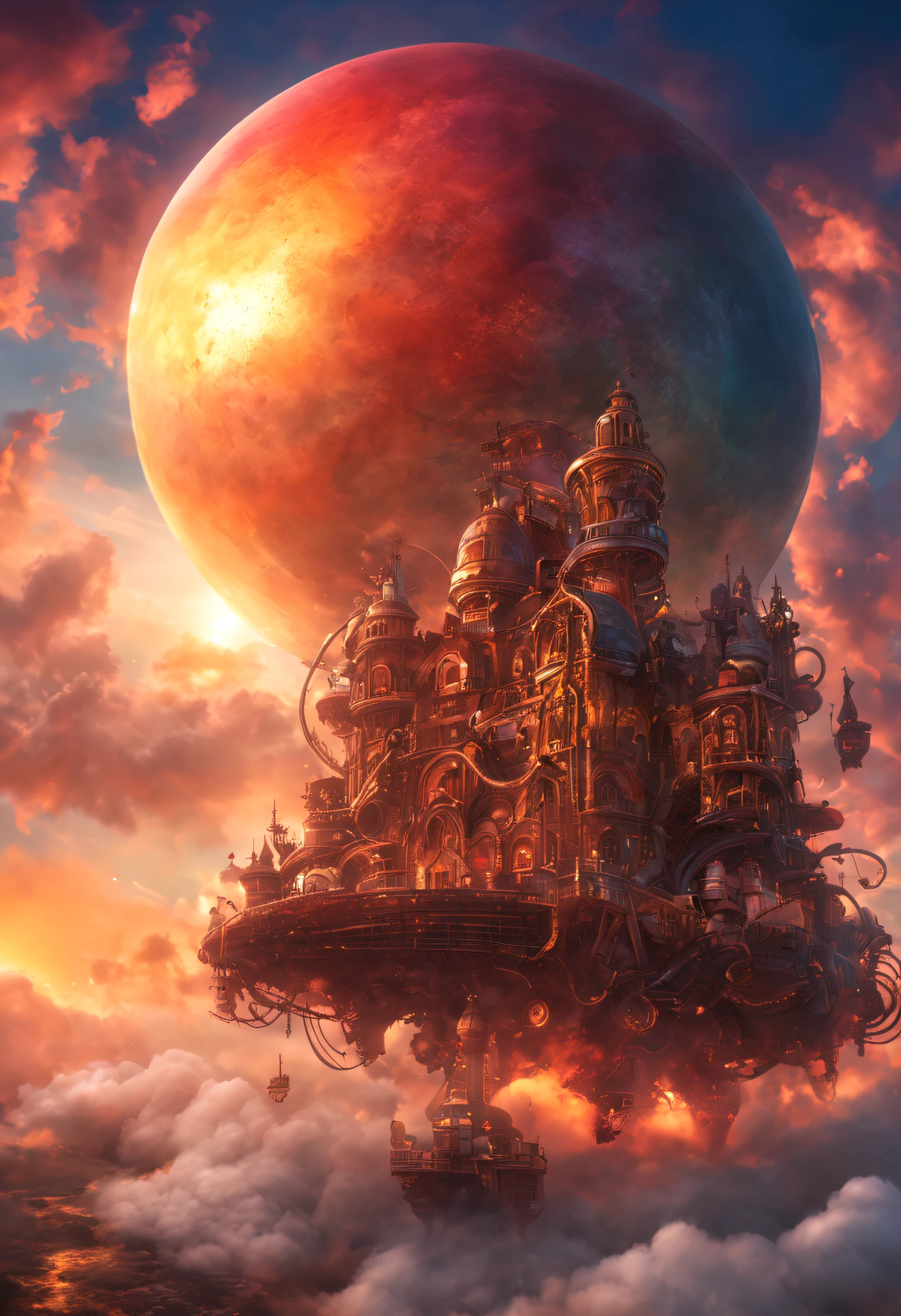 a magnificent sunset on a strange and mysterious steampunk dream planete. It's very textured and detailed with dreaming lot of whirlwind multicolored and dreaming dust