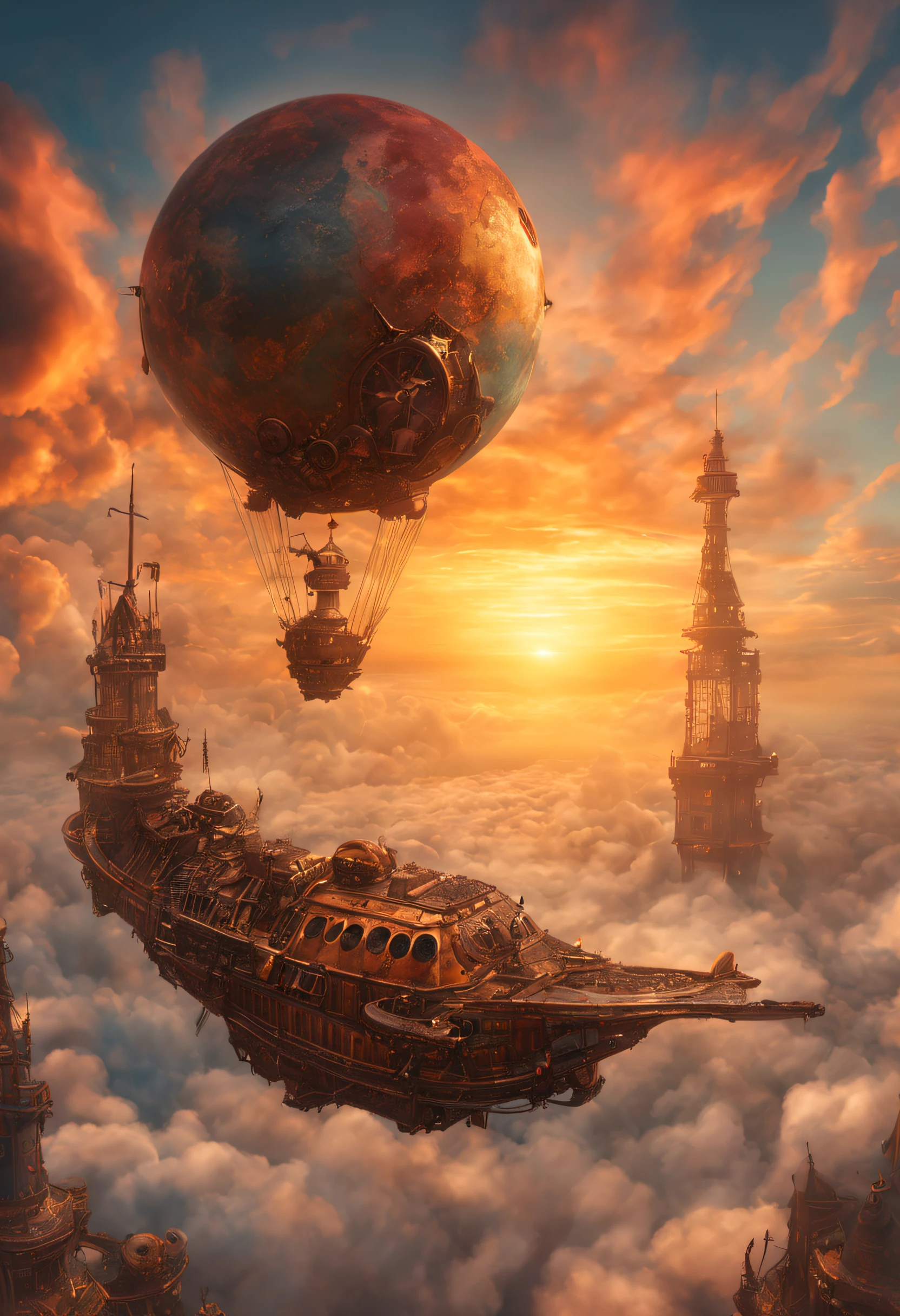 a magnificent sunset on a strange and mysterious steampunk dream planete. It's very textured and detailed with dreaming lot of whirlwind multicolored and dreaming dust